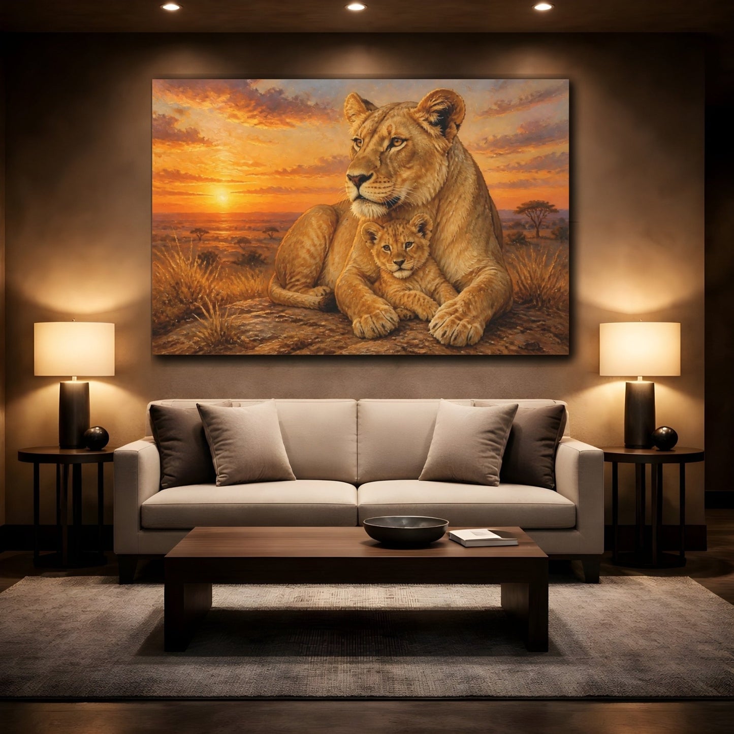 Animals Lioness And Cub At Sunset Canvas Print – Living Room, Above Couch, Golden Orange - YesArtYes