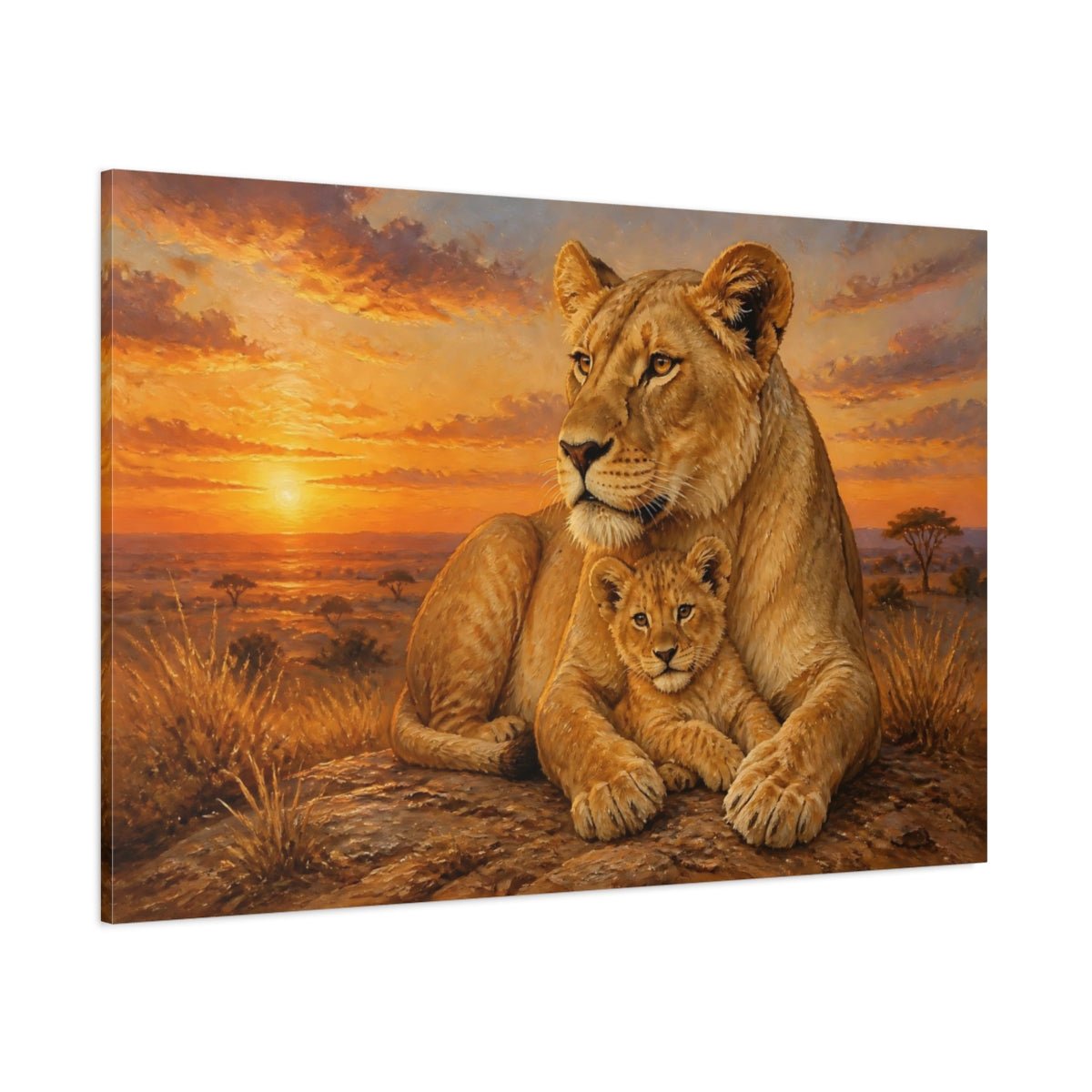 Animals Lioness And Cub At Sunset Canvas Print – Living Room, Above Couch, Golden Orange - YesArtYes