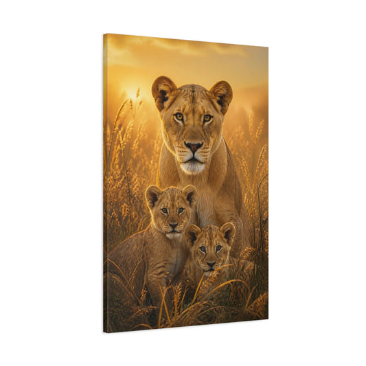 Main Mockup. Animals Lioness And Cubs At Dawn shown as canvas print