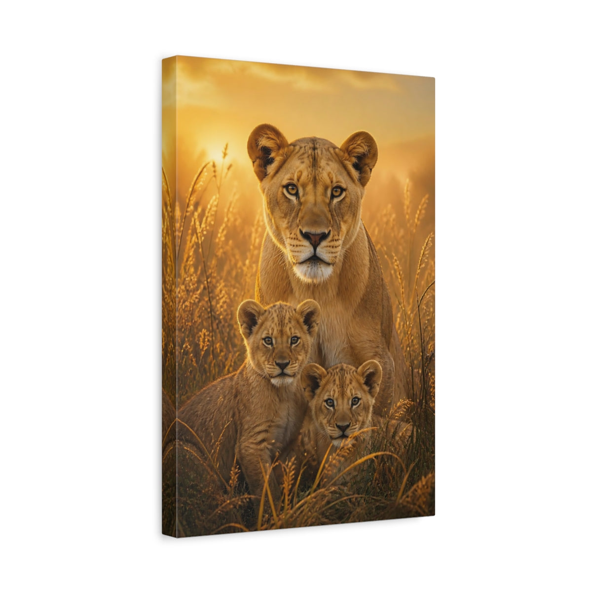 Side Mockup 4. Animals Lioness And Cubs At Dawn shown as canvas print