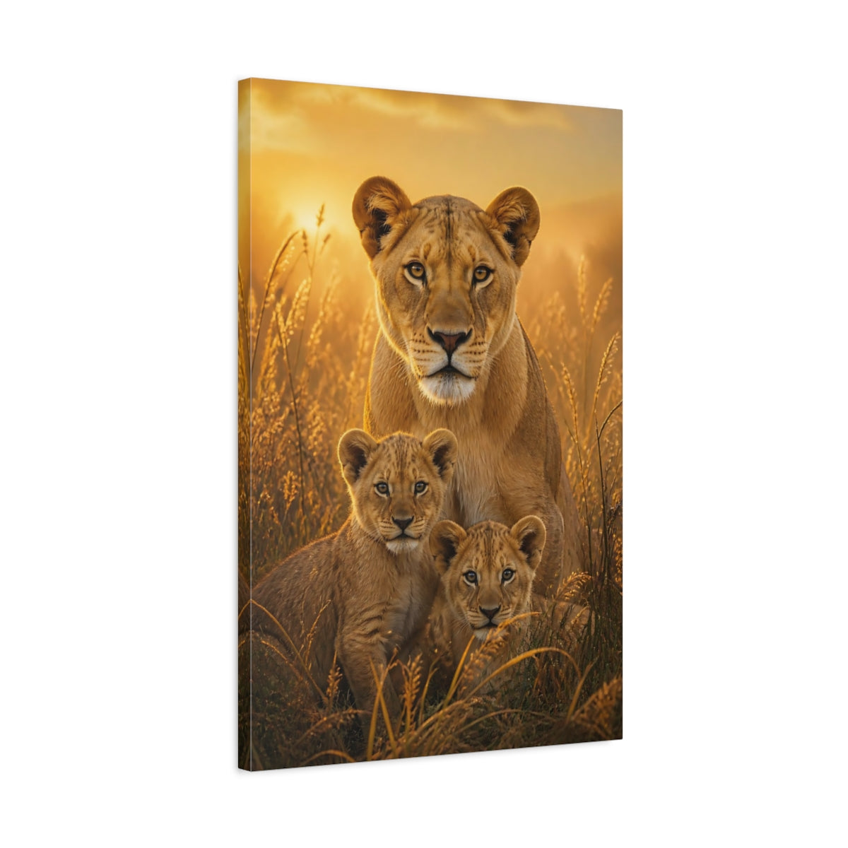 Side Mockup 2. Animals Lioness And Cubs At Dawn shown as canvas print