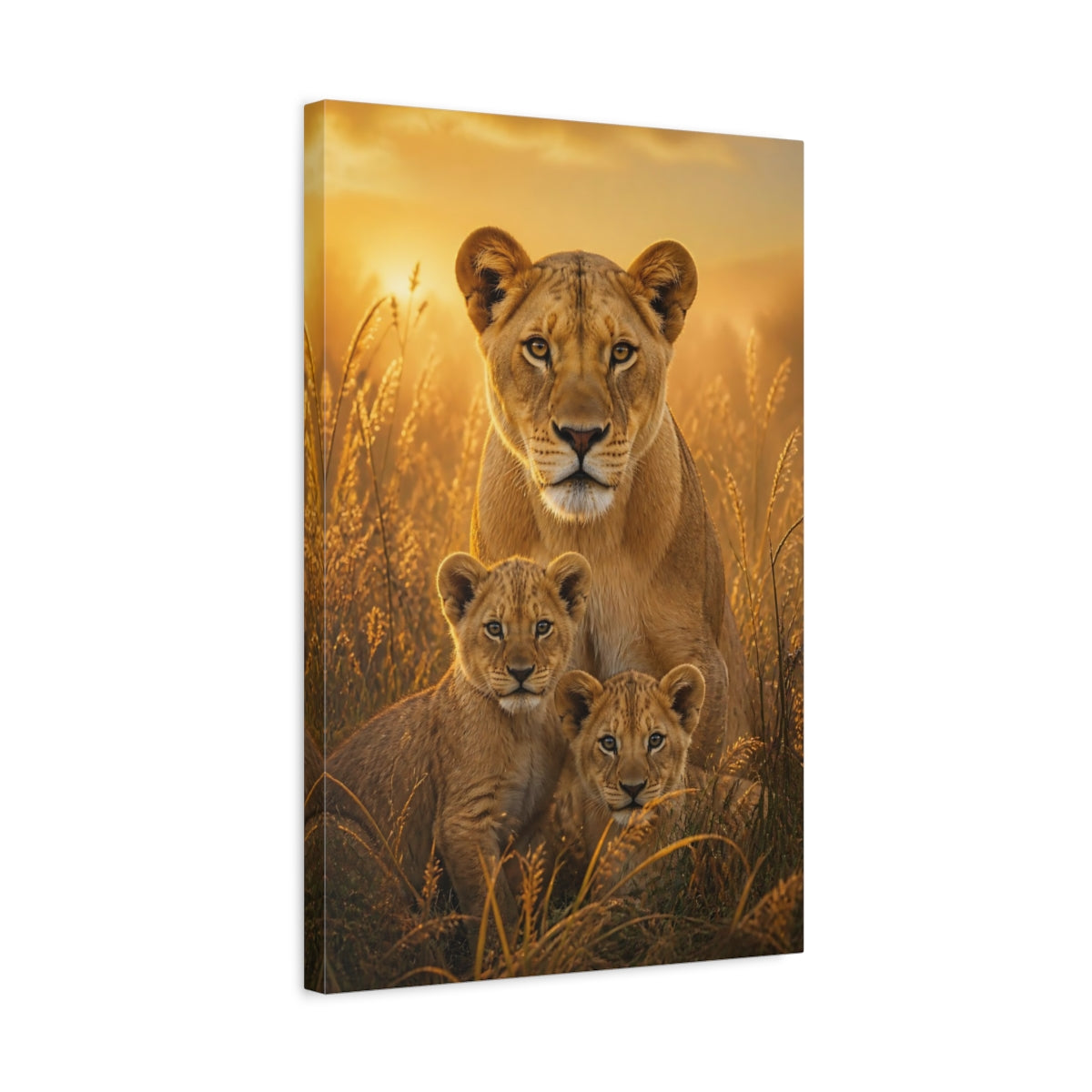 Side Mockup 3. Animals Lioness And Cubs At Dawn shown as canvas print