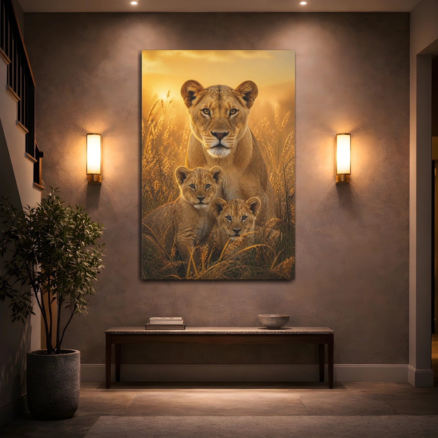 Mockup 2. Animals Lioness And Cubs At Dawn shown as canvas print