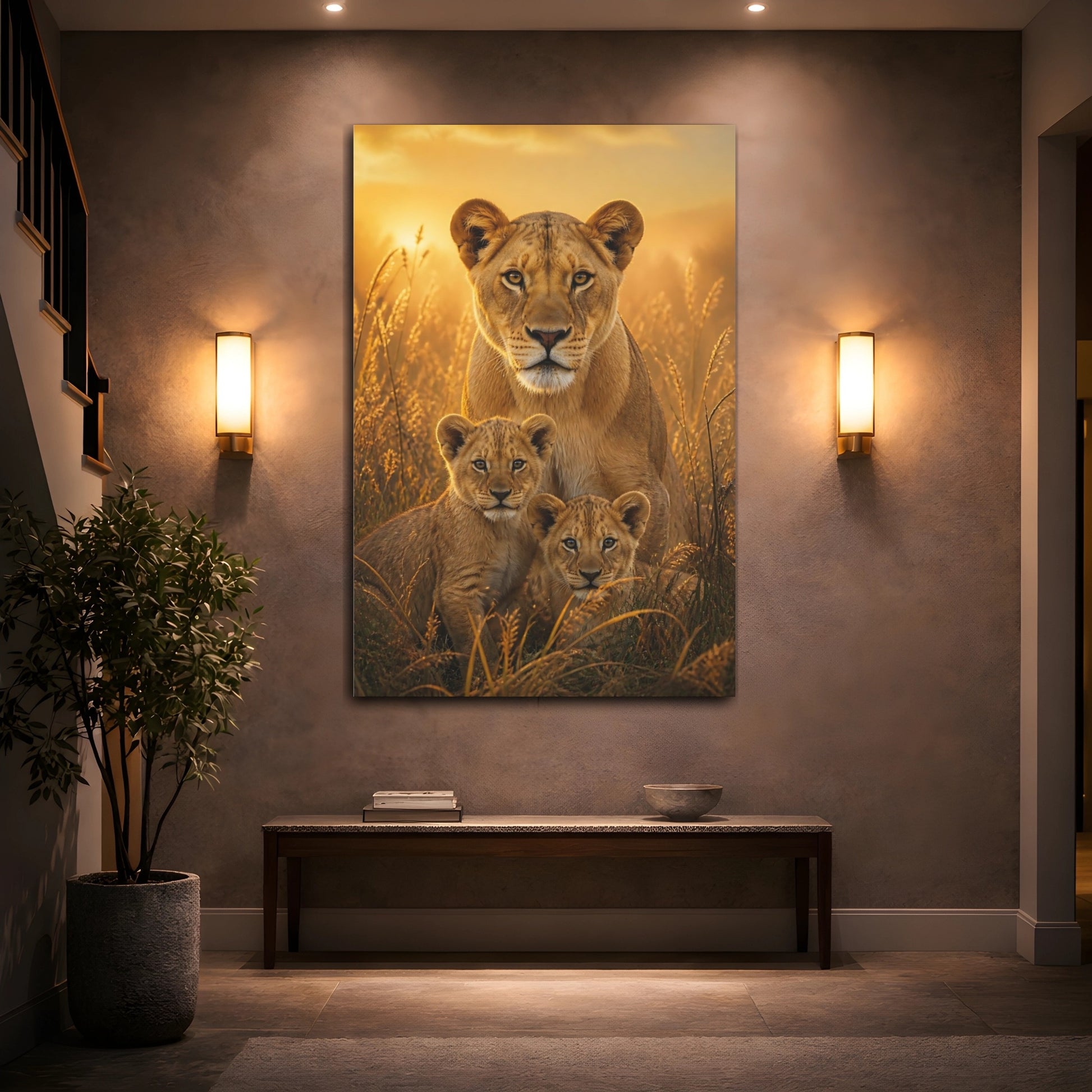 Mockup 2. Animals Lioness And Cubs At Dawn shown as canvas print