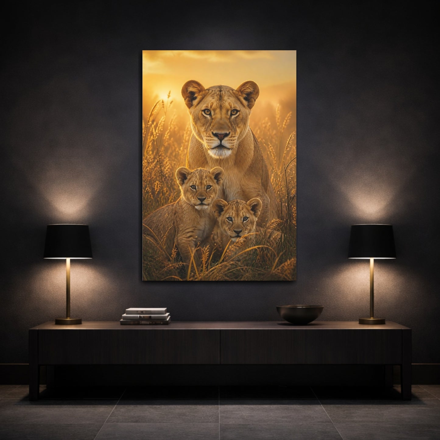 Mockup 3. Animals Lioness And Cubs At Dawn shown as canvas print