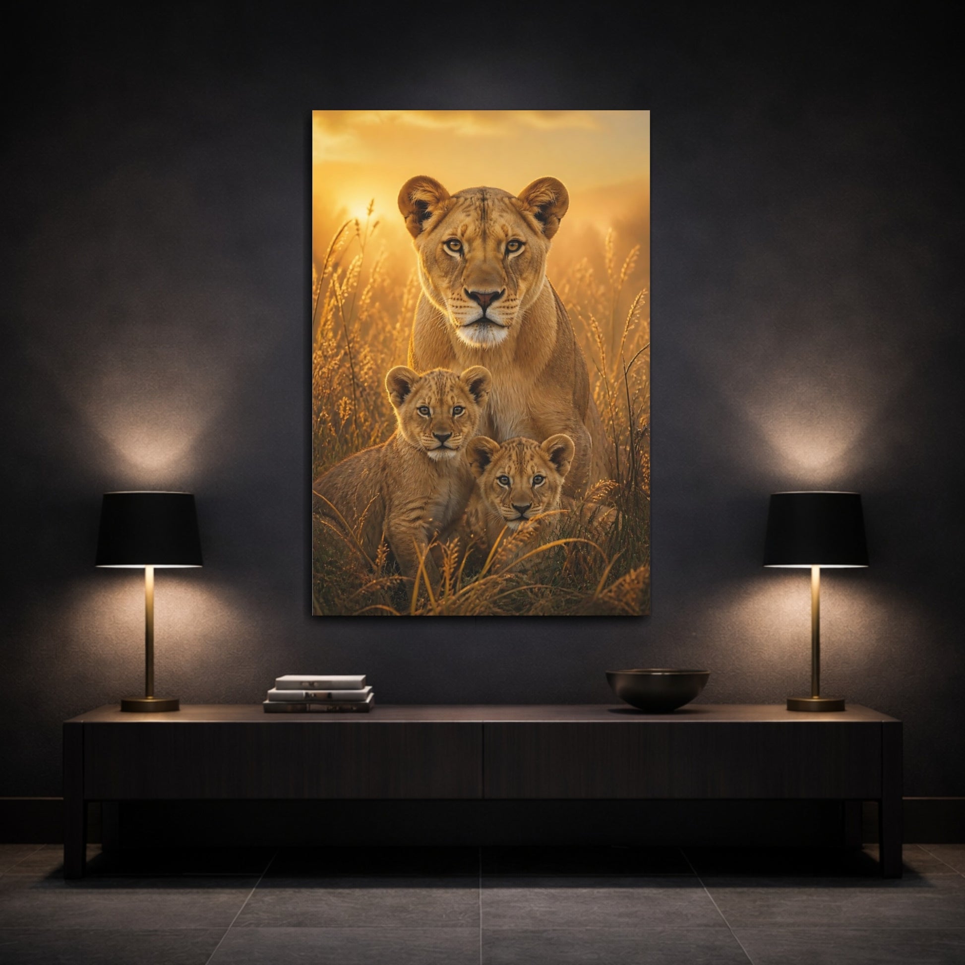Mockup 3. Animals Lioness And Cubs At Dawn shown as canvas print