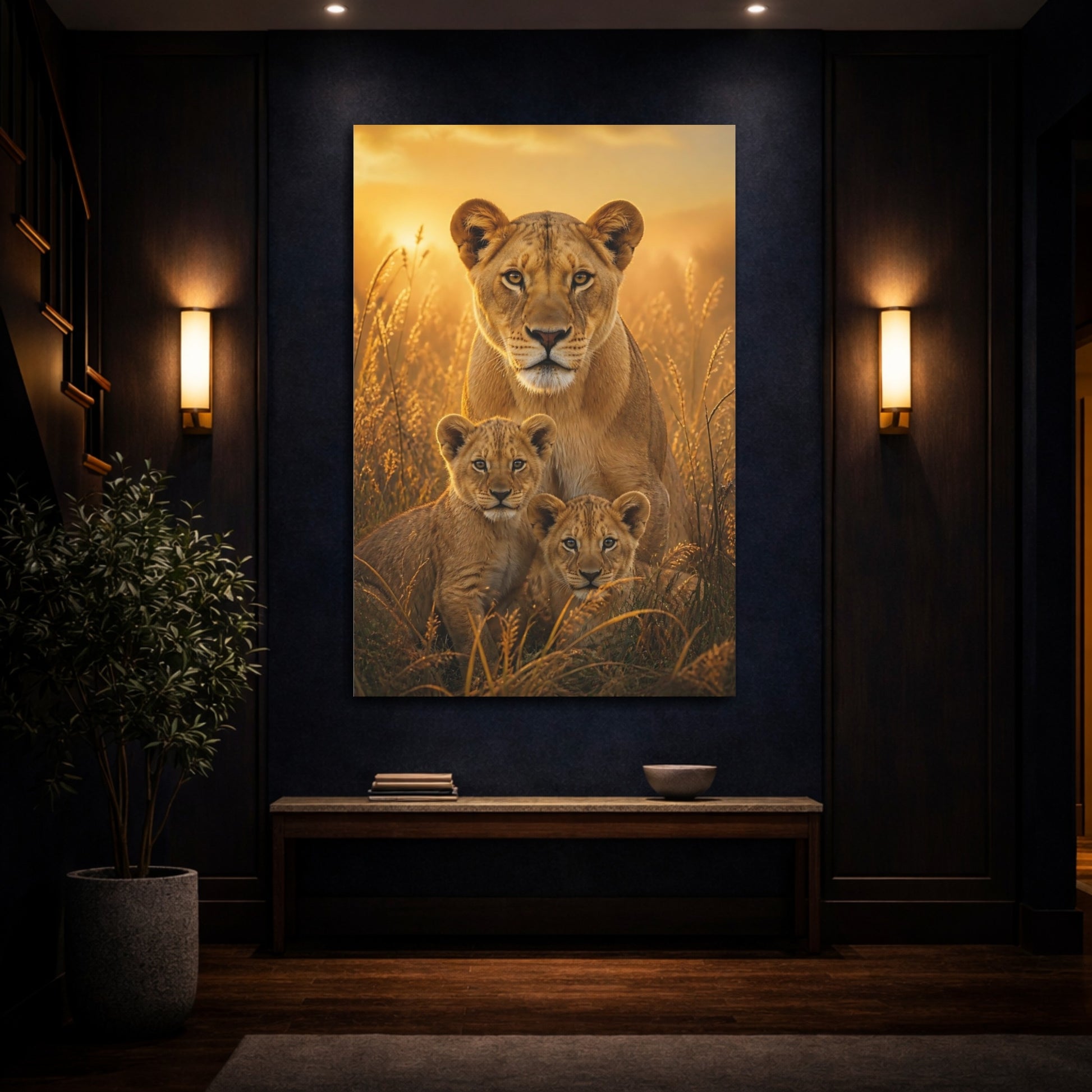 Mockup 4. Animals Lioness And Cubs At Dawn shown as canvas print