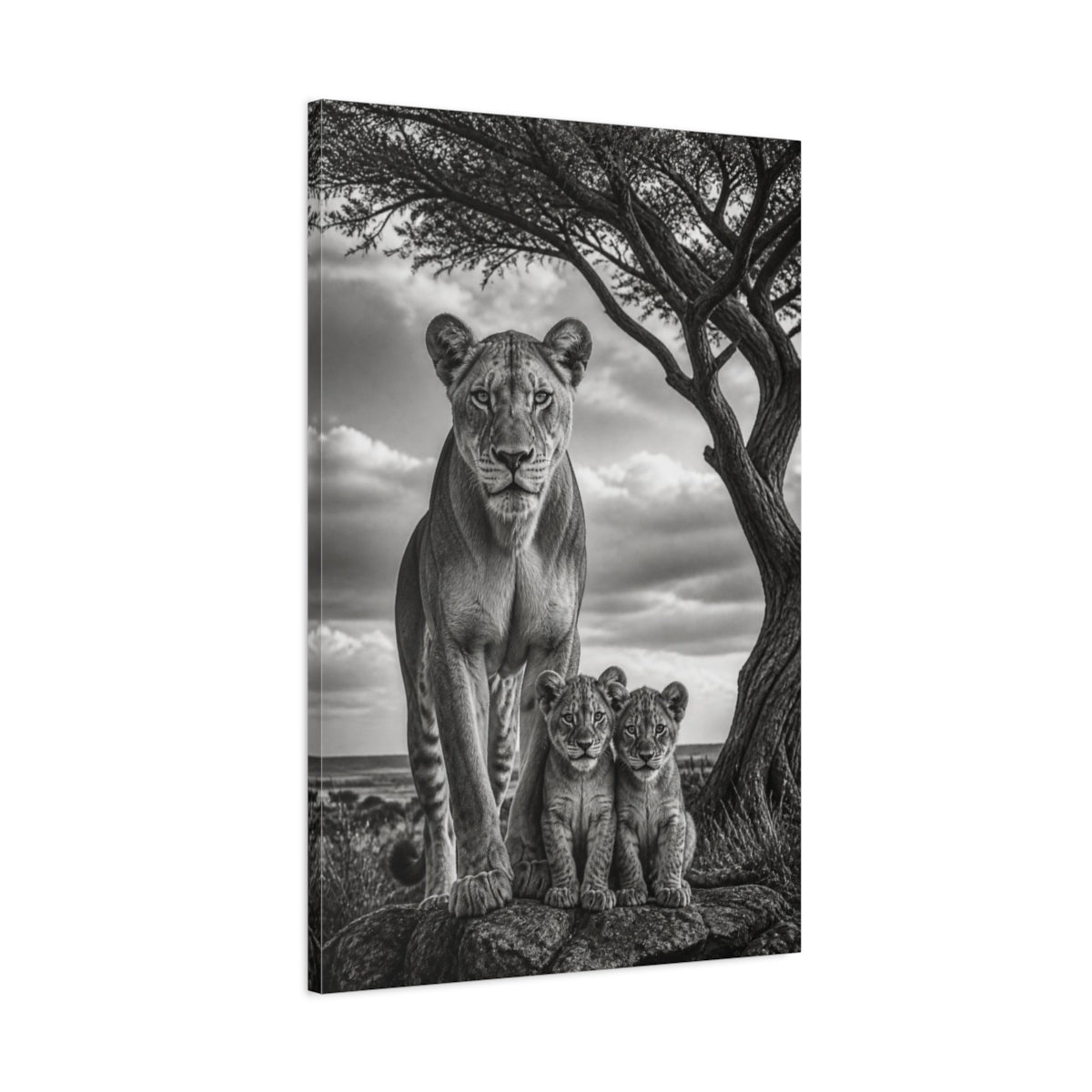 Main Mockup. Animals Lioness Guarding Cubs shown as canvas print