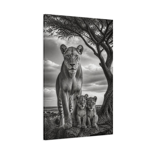 Animals Lioness Guarding Cubs Canvas Print – Living Room, Above Fireplace, Black & White - YesArtYes