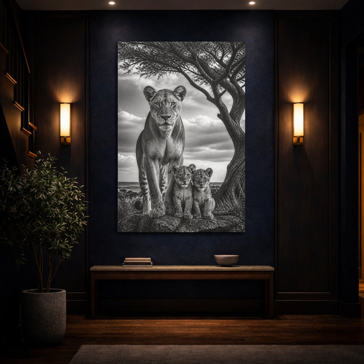 Animals Lioness Guarding Cubs Canvas Print – Living Room, Above Fireplace, Black & White - YesArtYes