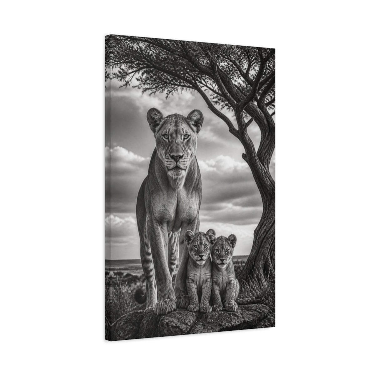Side Mockup 2. Animals Lioness Guarding Cubs shown as canvas print