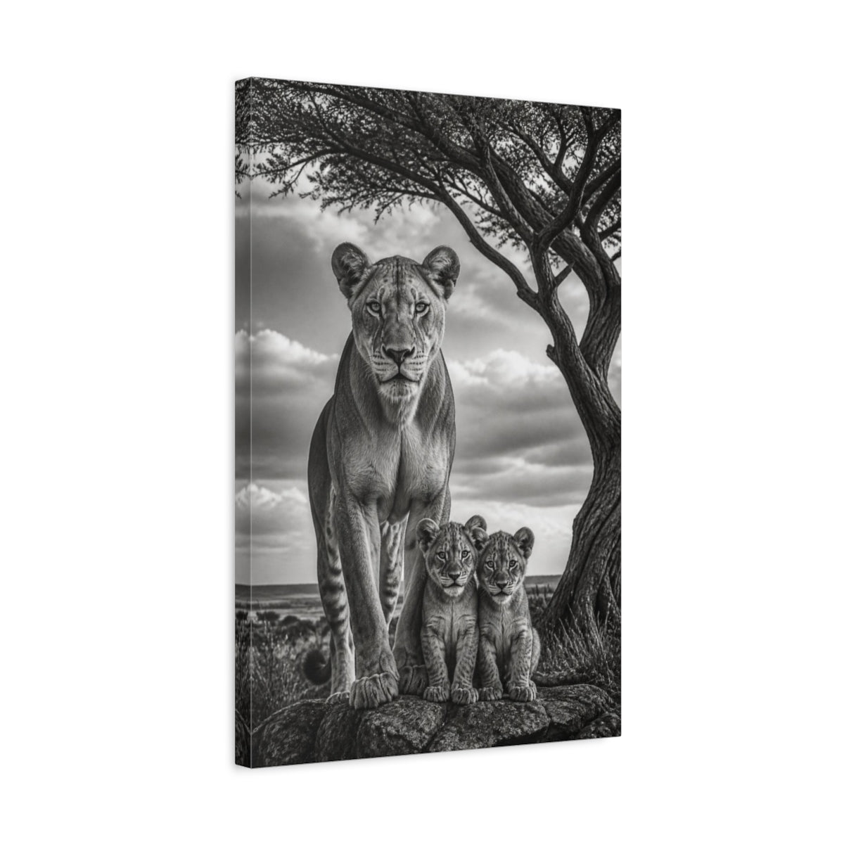 Side Mockup 3. Animals Lioness Guarding Cubs shown as canvas print
