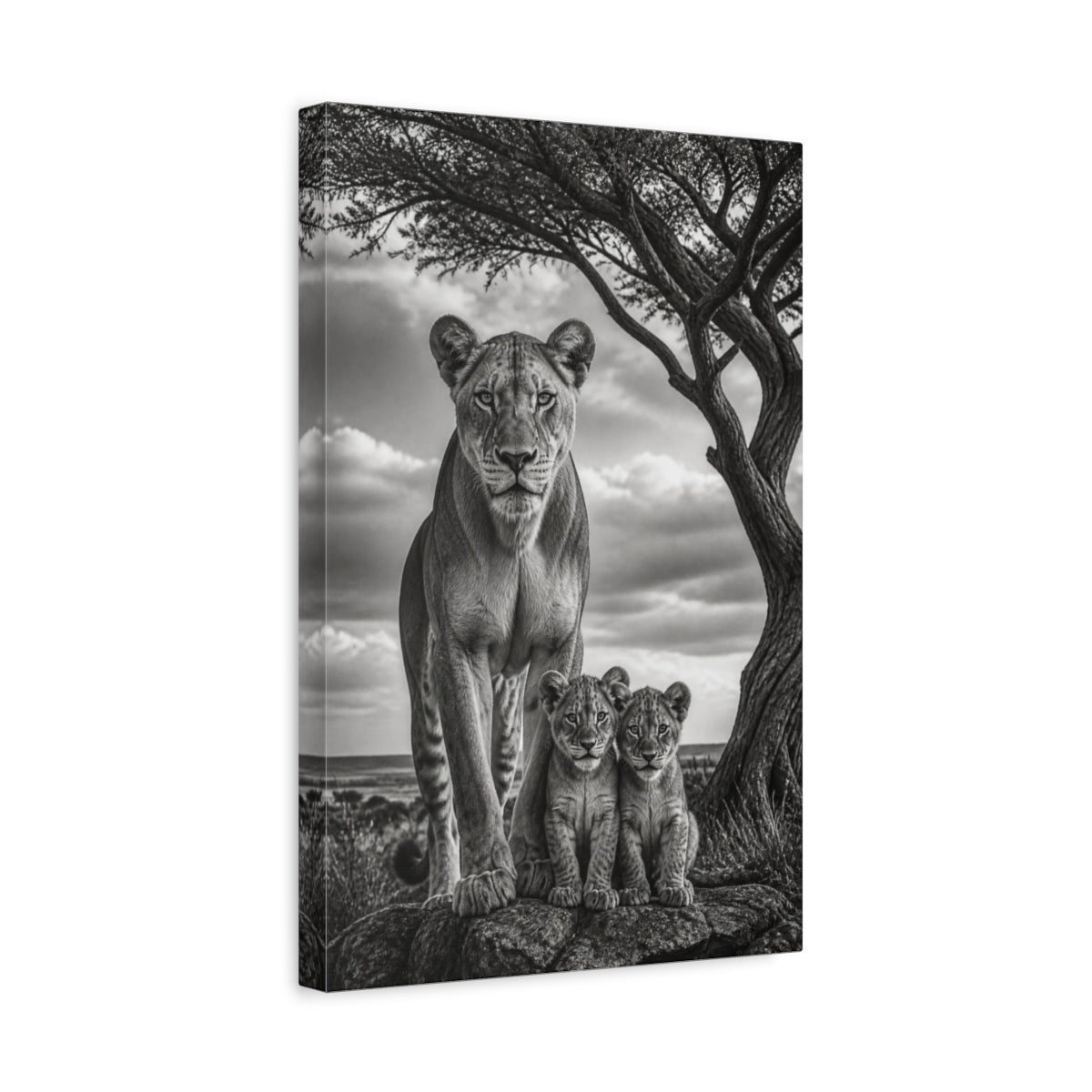 Side Mockup 4. Animals Lioness Guarding Cubs shown as canvas print