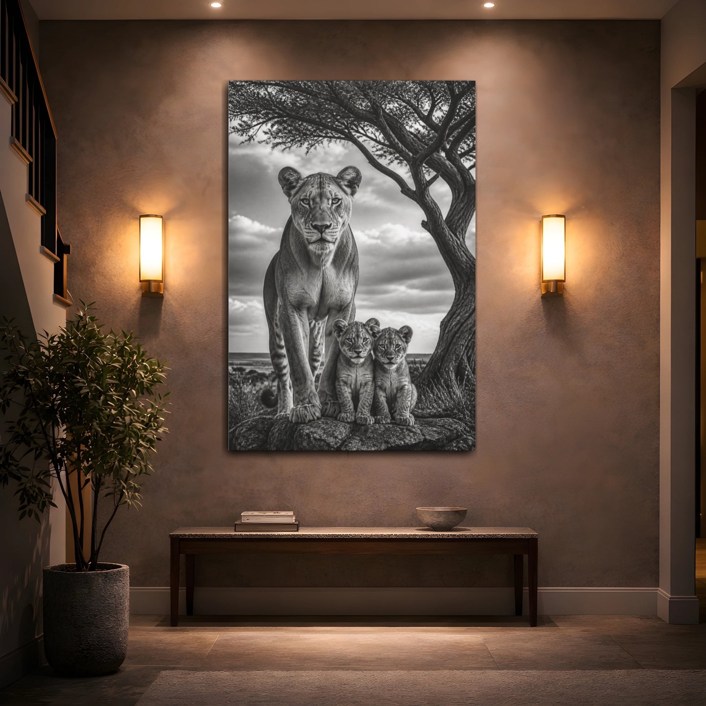 Mockup 2. Animals Lioness Guarding Cubs shown as canvas print