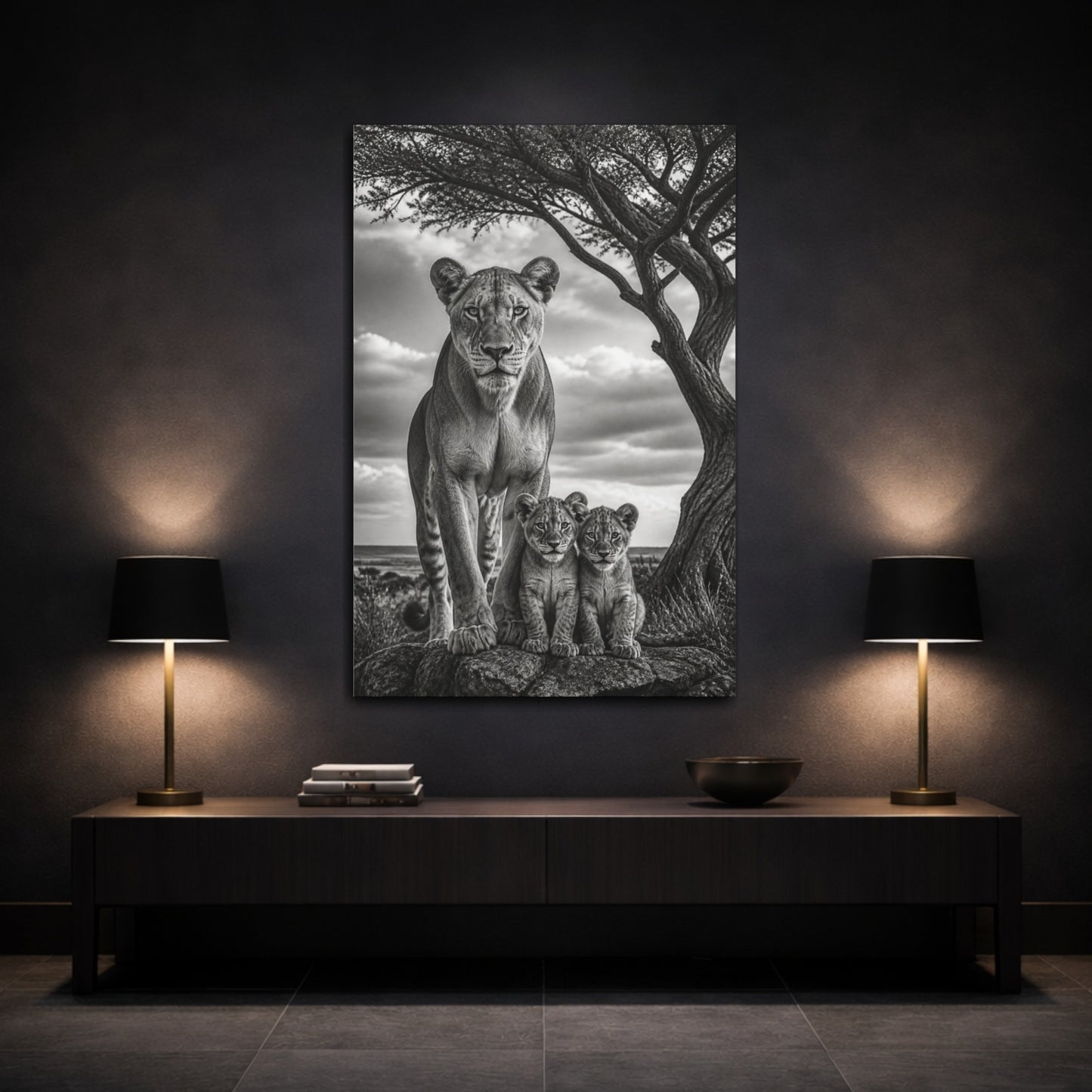 Mockup 3. Animals Lioness Guarding Cubs shown as canvas print