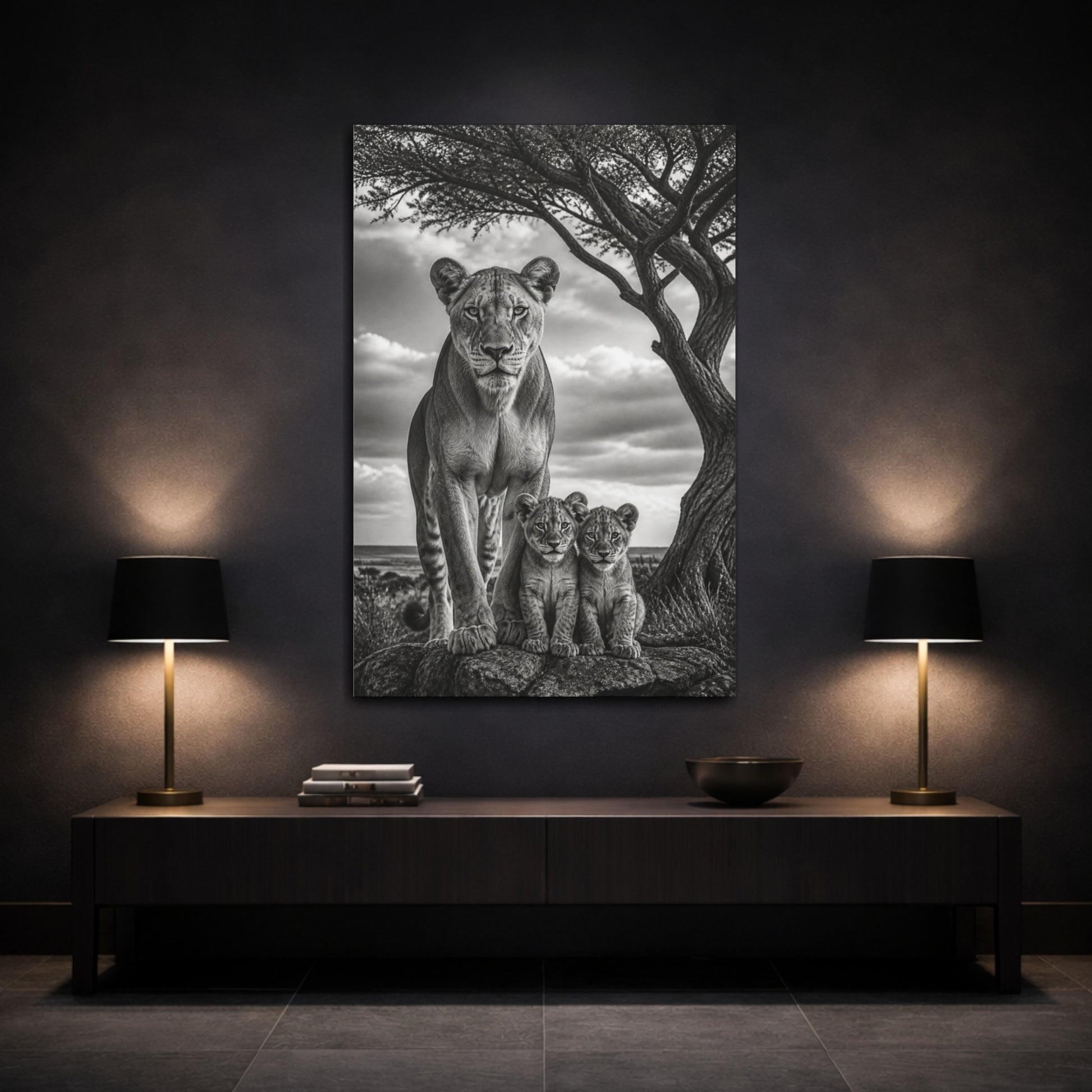 Mockup 3. Animals Lioness Guarding Cubs shown as canvas print