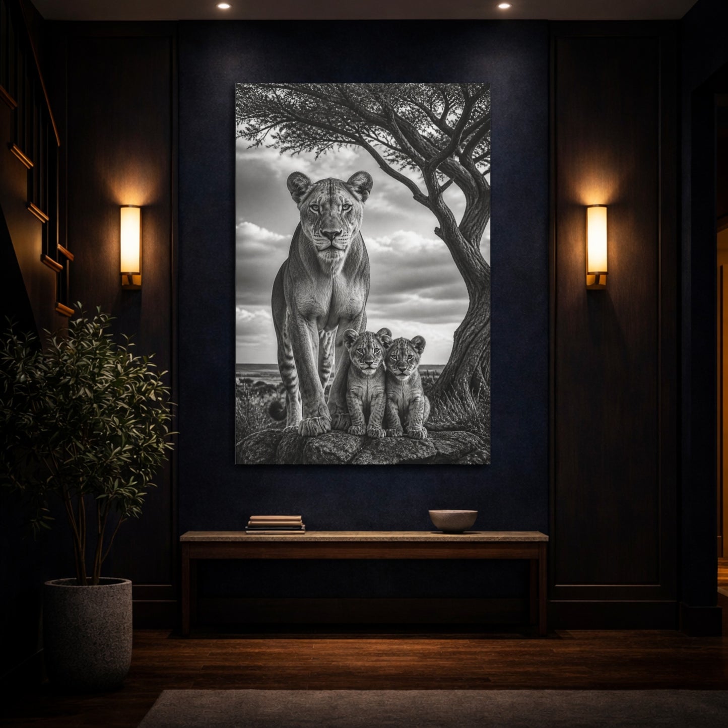 Mockup 4. Animals Lioness Guarding Cubs shown as canvas print