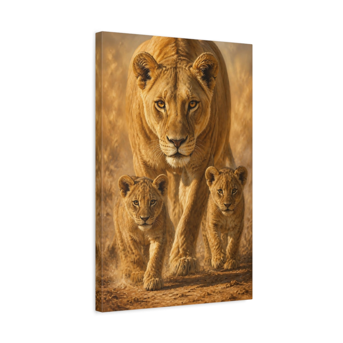 Side Mockup 3. Animals Lioness With Cubs shown as canvas print