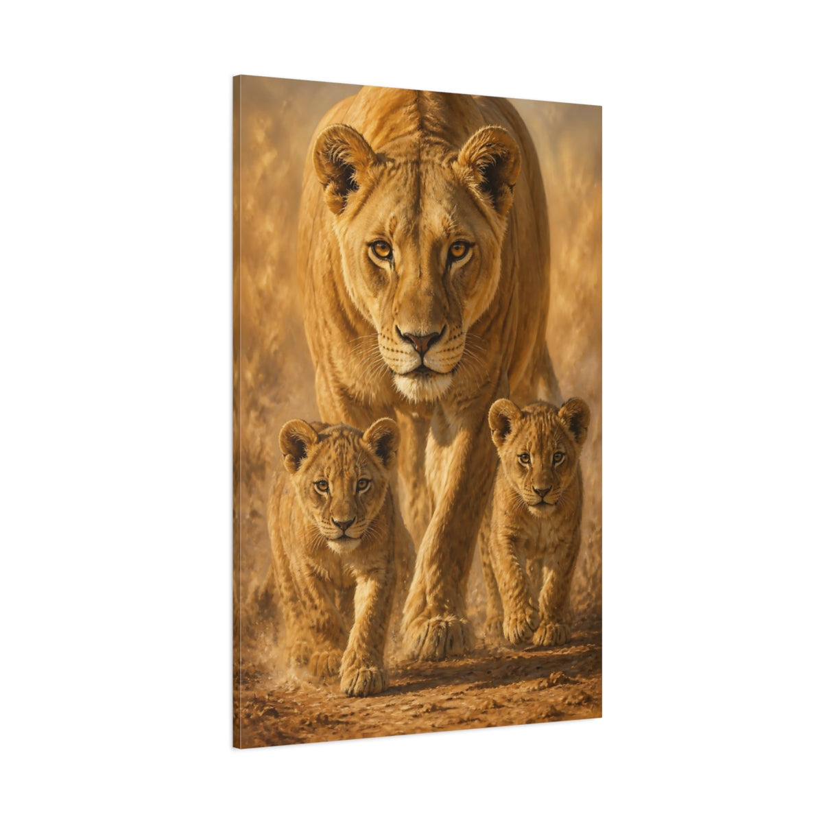 Side Mockup 1. Animals Lioness With Cubs shown as canvas print