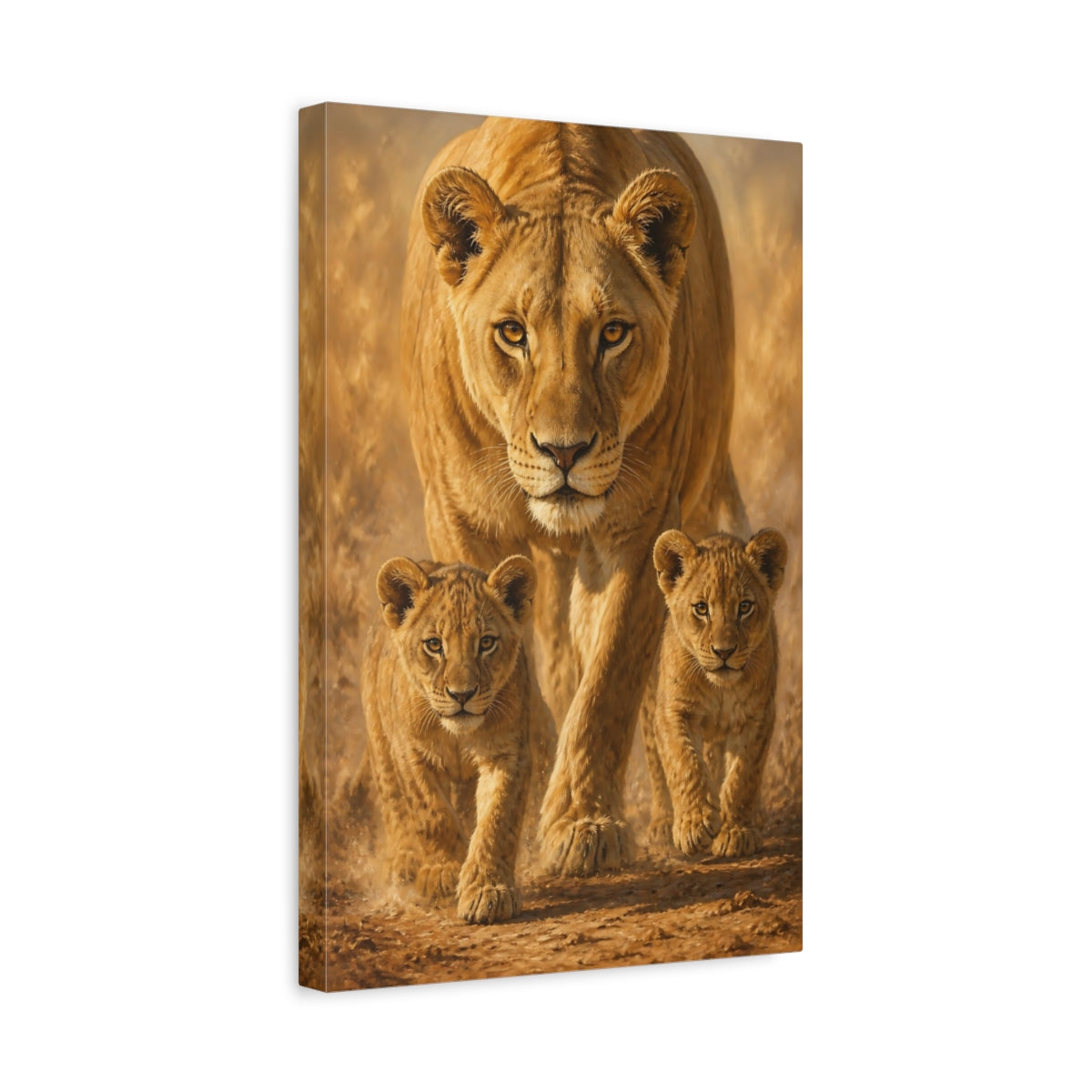 Side Mockup 4. Animals Lioness With Cubs shown as canvas print