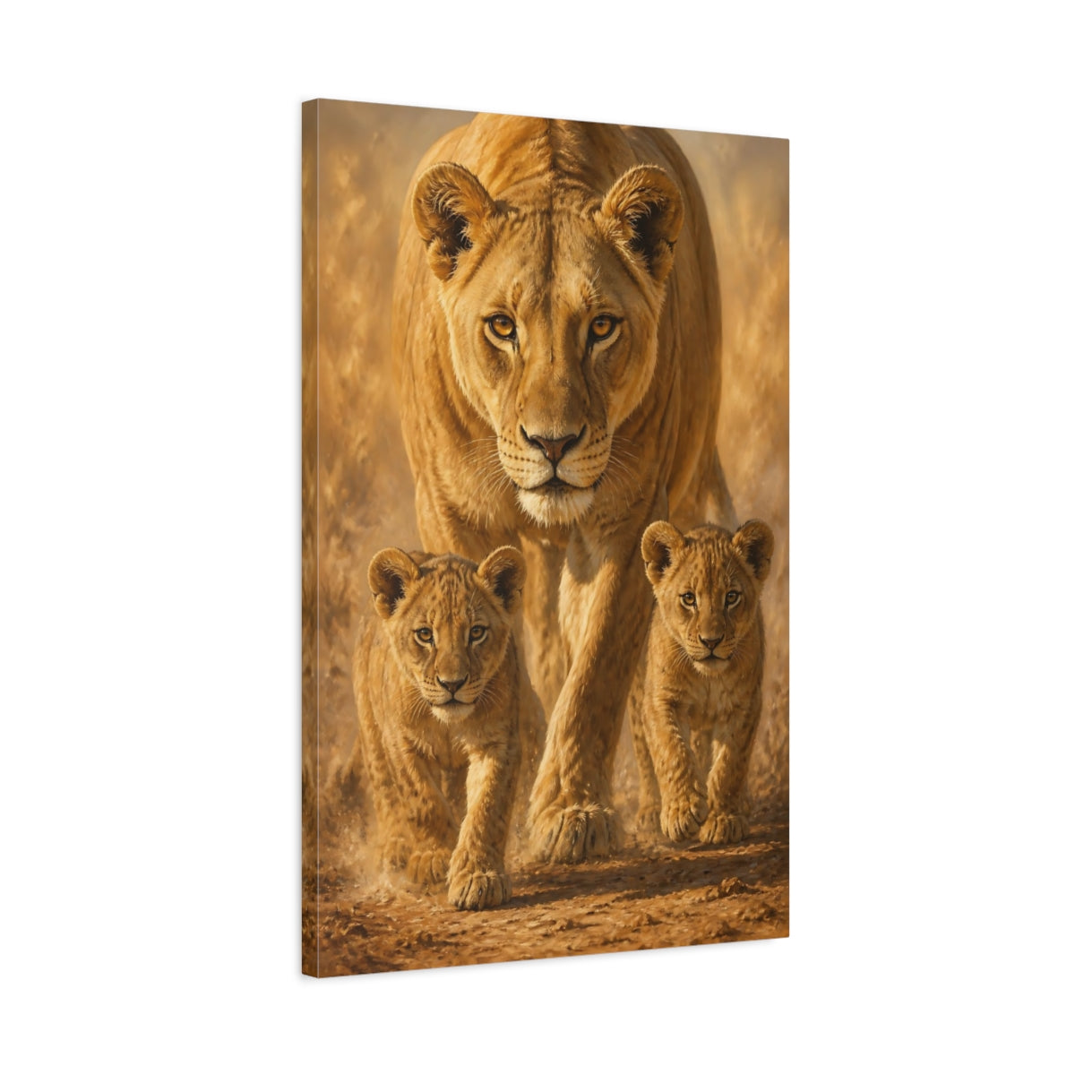 Side Mockup 2. Animals Lioness With Cubs shown as canvas print