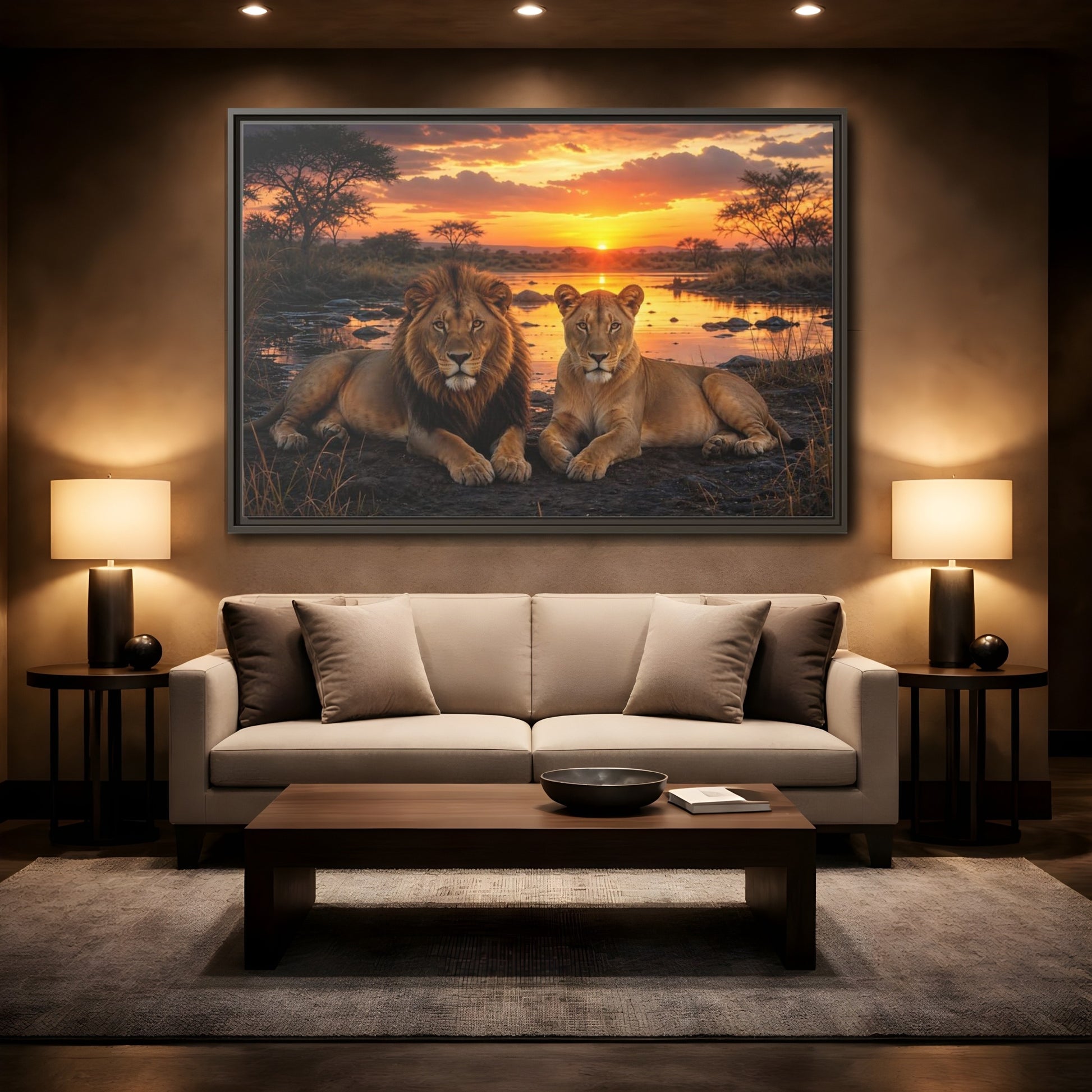 Mockup 2. Animals Lions Lions Sunset shown as stretched canvas wall art