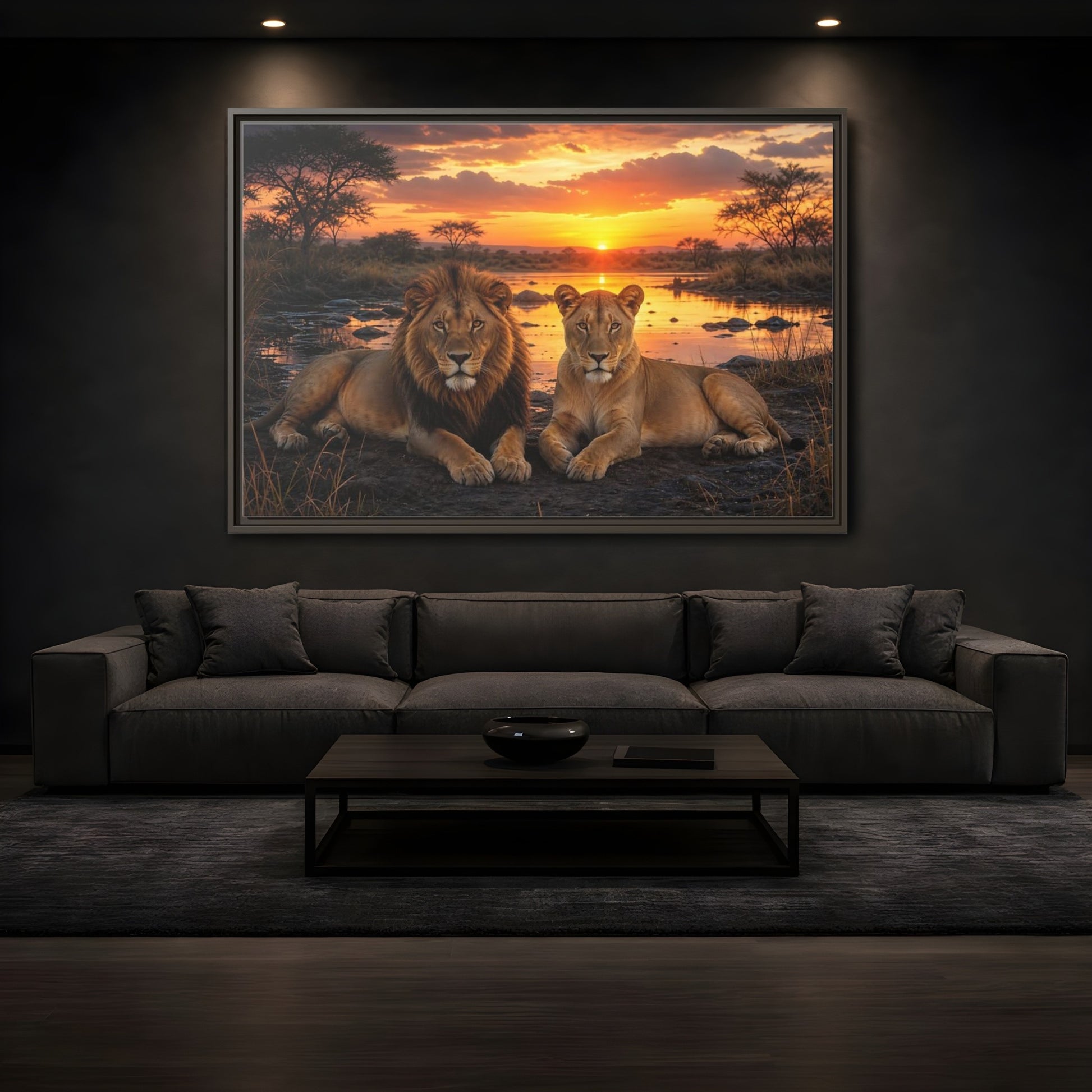 Mockup 3. Animals Lions Lions Sunset shown as stretched canvas wall art