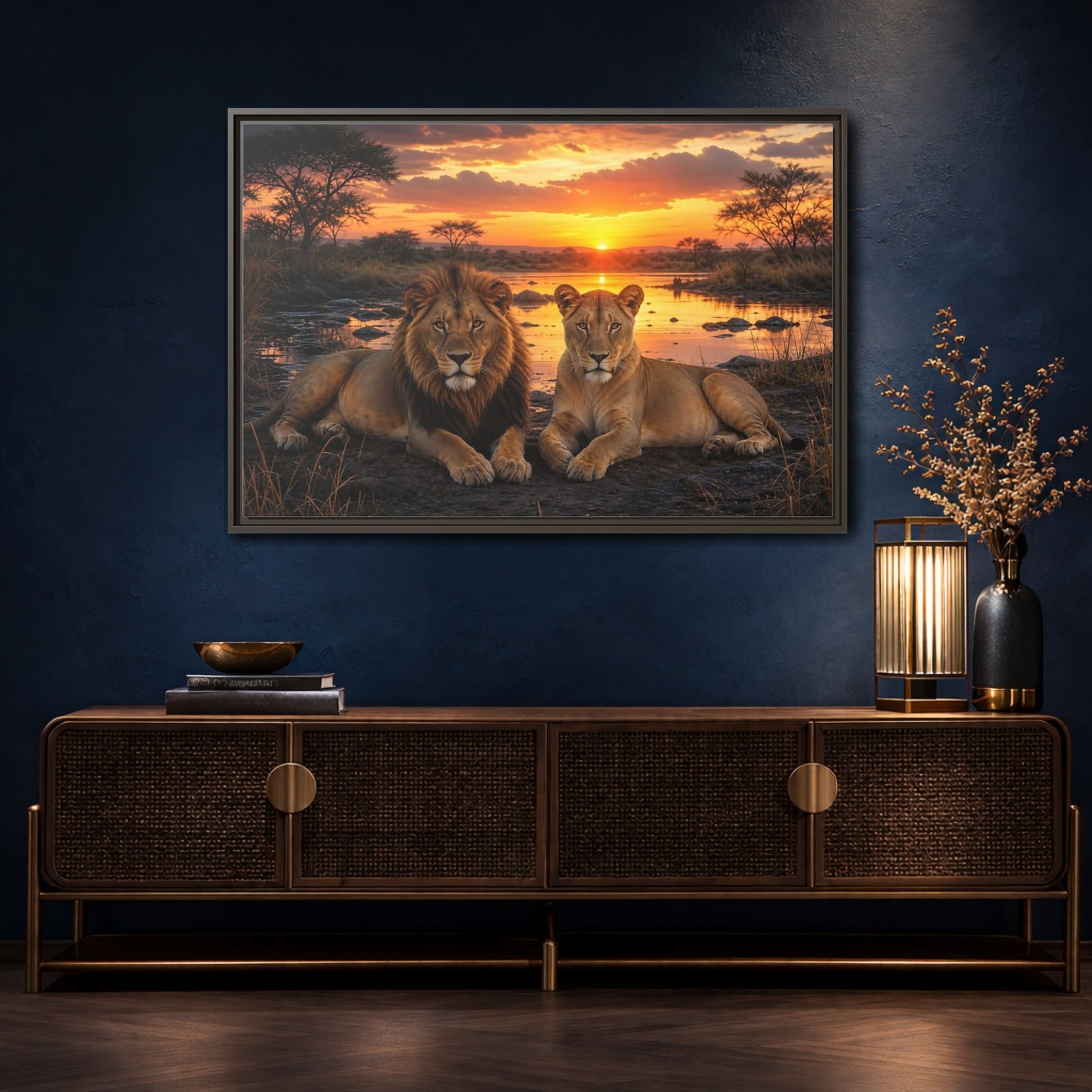 Mockup 4. Animals Lions Lions Sunset shown as stretched canvas wall art