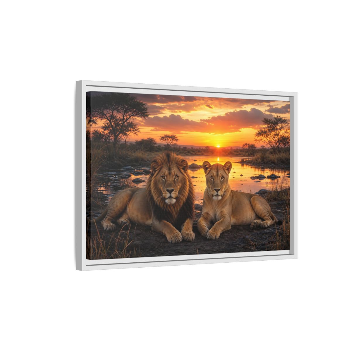 Side Mockup 1. Animals Lions Lions Sunset shown as stretched canvas wall art