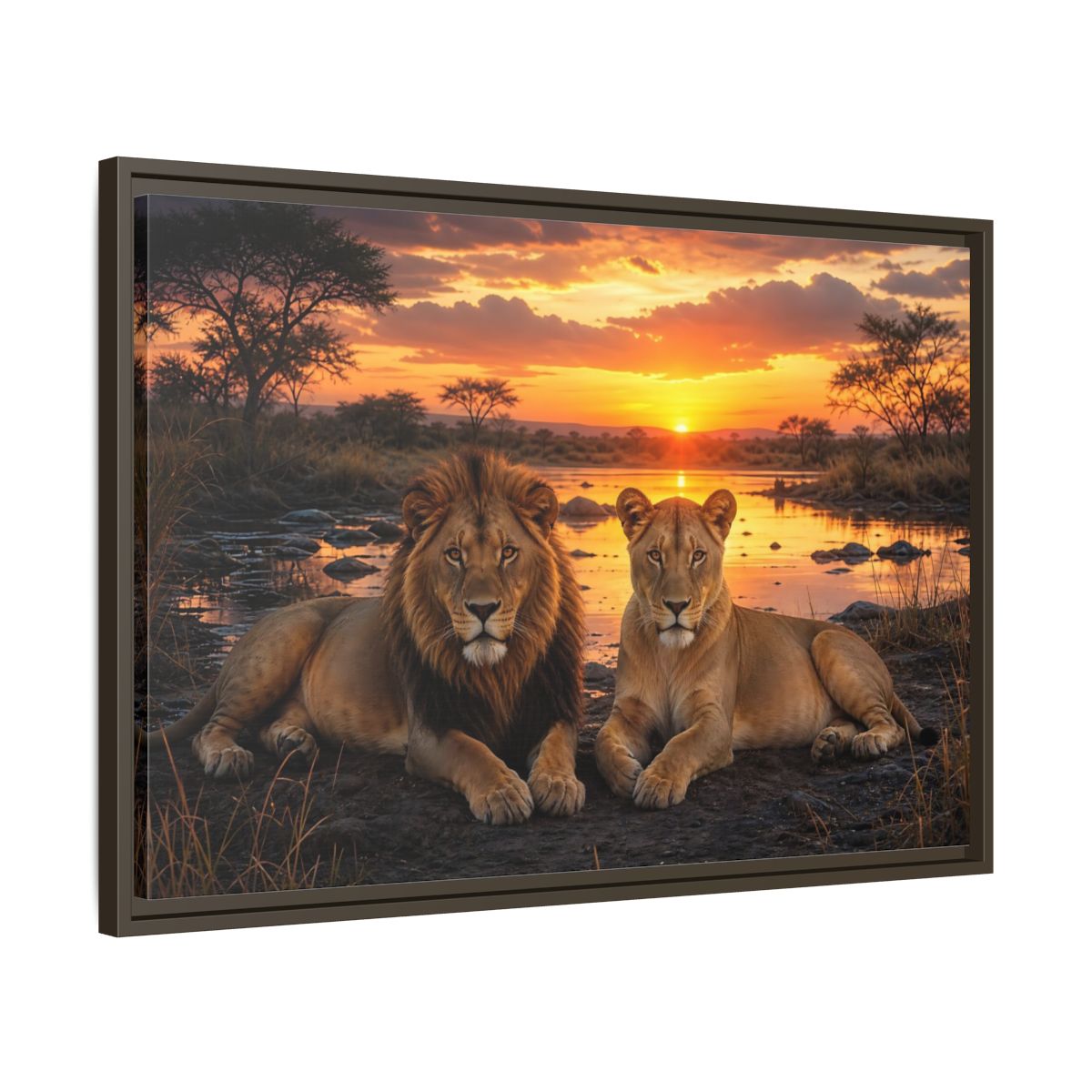 Side Mockup 11. Animals Lions Lions Sunset shown as stretched canvas wall art