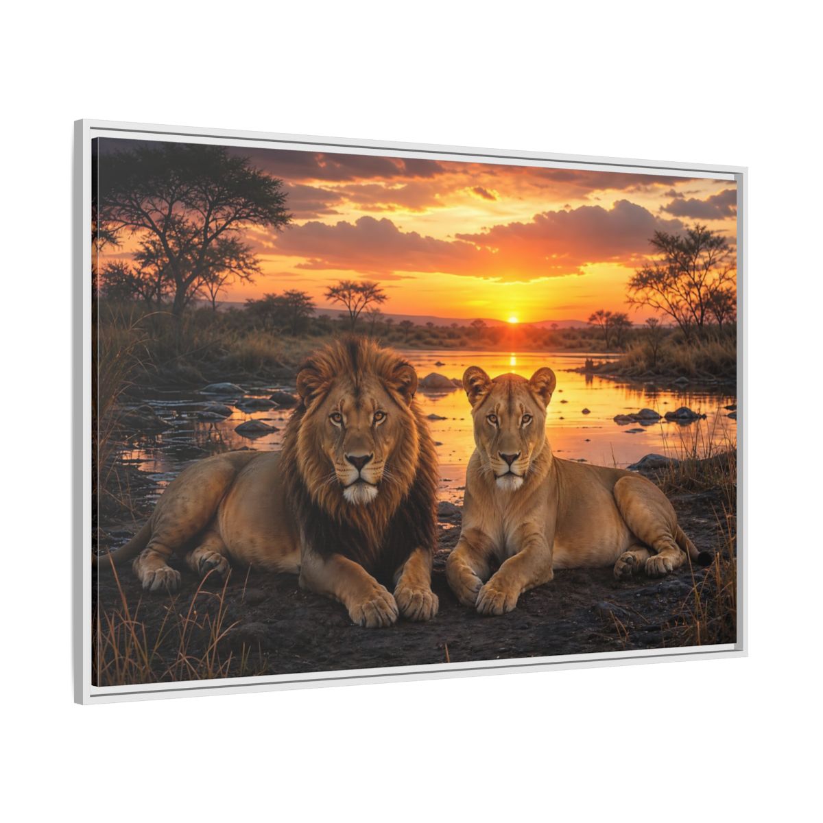 Side Mockup 7. Animals Lions Lions Sunset shown as stretched canvas wall art