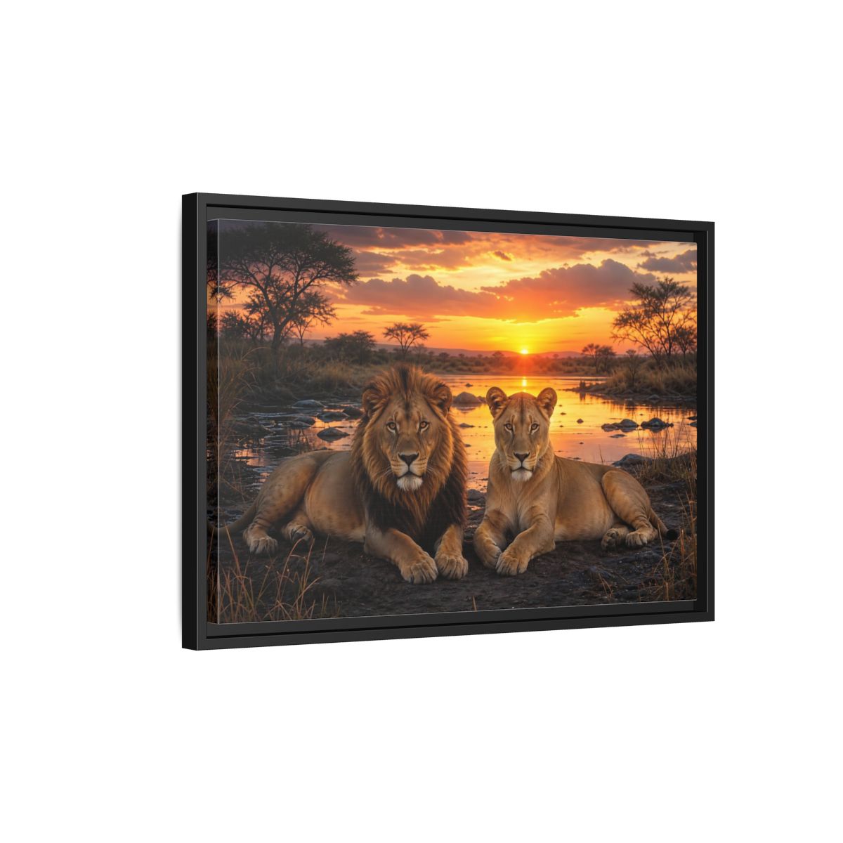 Side Mockup 3. Animals Lions Lions Sunset shown as stretched canvas wall art