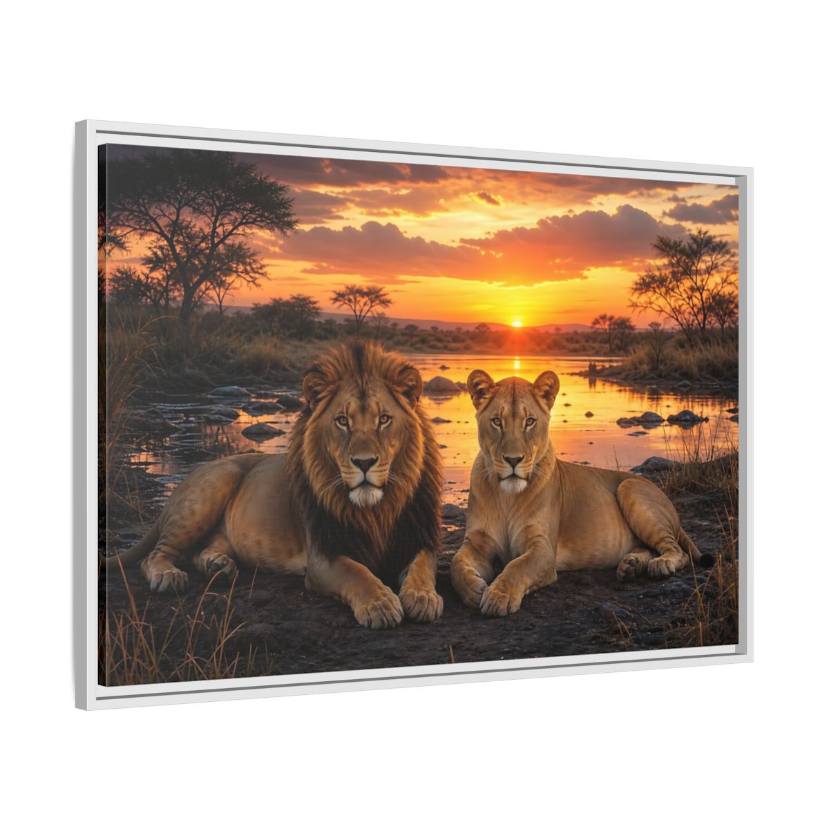 Side Mockup 9. Animals Lions Lions Sunset shown as stretched canvas wall art