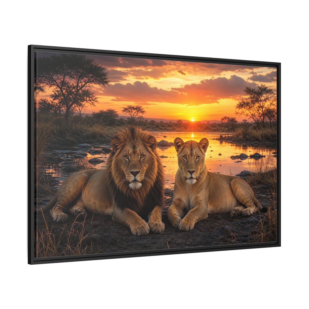 Side Mockup 12. Animals Lions Lions Sunset shown as stretched canvas wall art