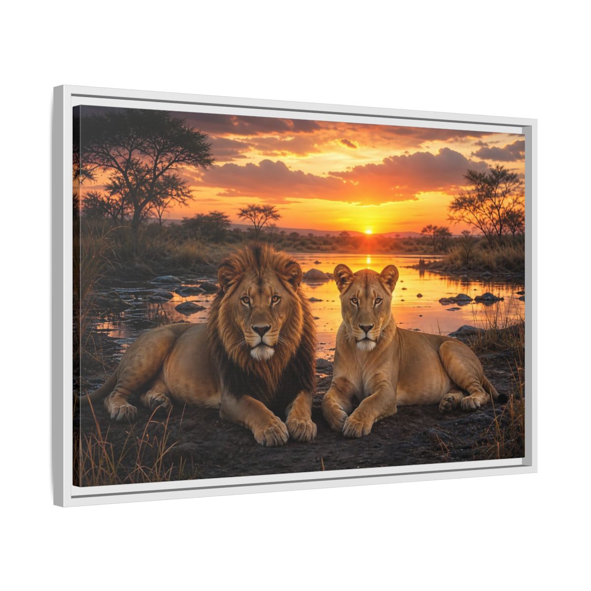 Side Mockup 10. Animals Lions Lions Sunset shown as stretched canvas wall art