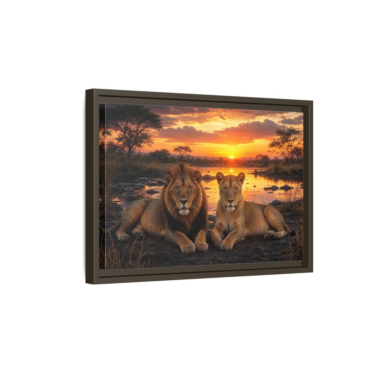 Side Mockup 5. Animals Lions Lions Sunset shown as stretched canvas wall art