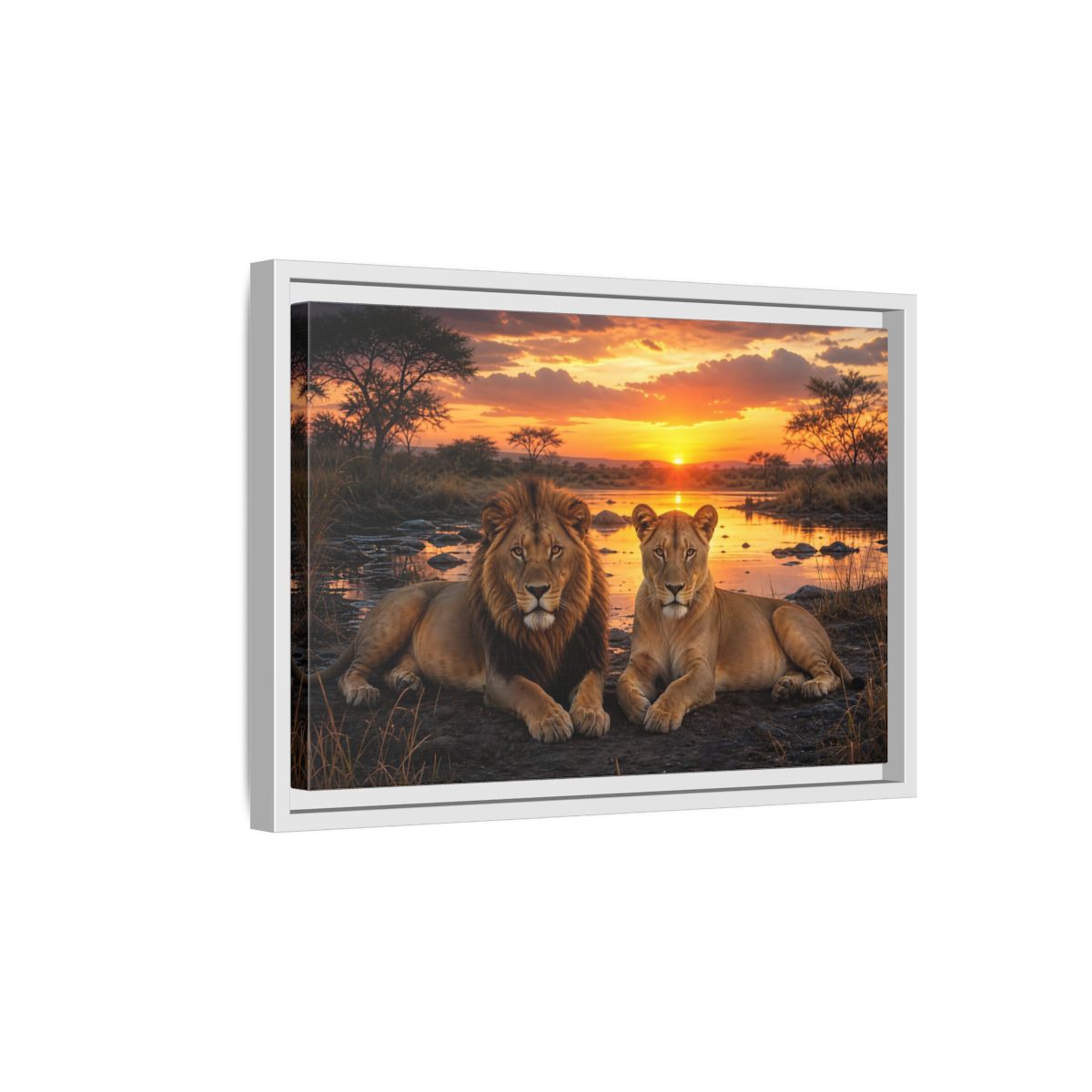 Side Mockup 4. Animals Lions Lions Sunset shown as stretched canvas wall art