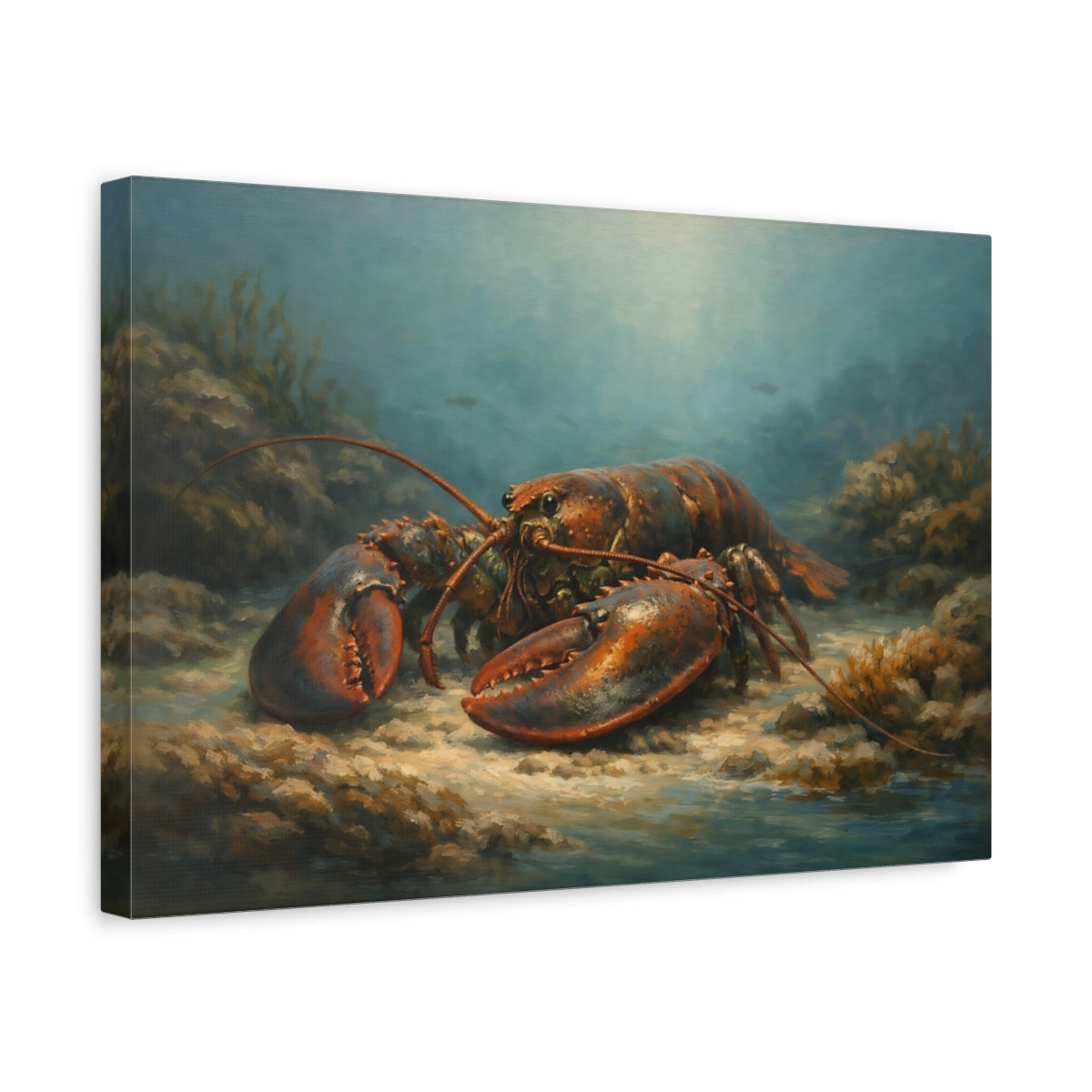 Side Mockup 4. Animals Lobster Blue And Orange shown as stretched canvas wall art