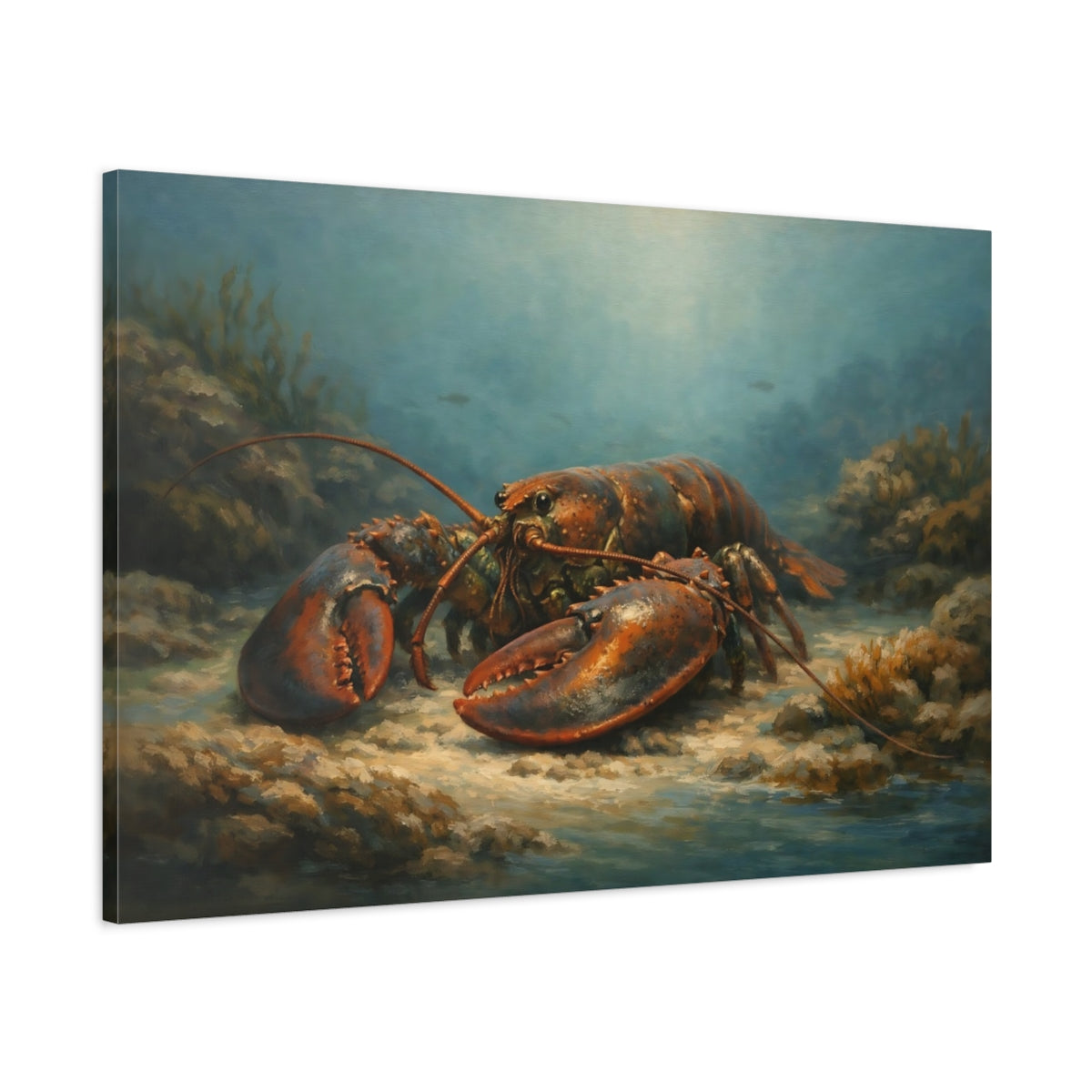 Side Mockup 1. Animals Lobster Blue And Orange shown as stretched canvas wall art