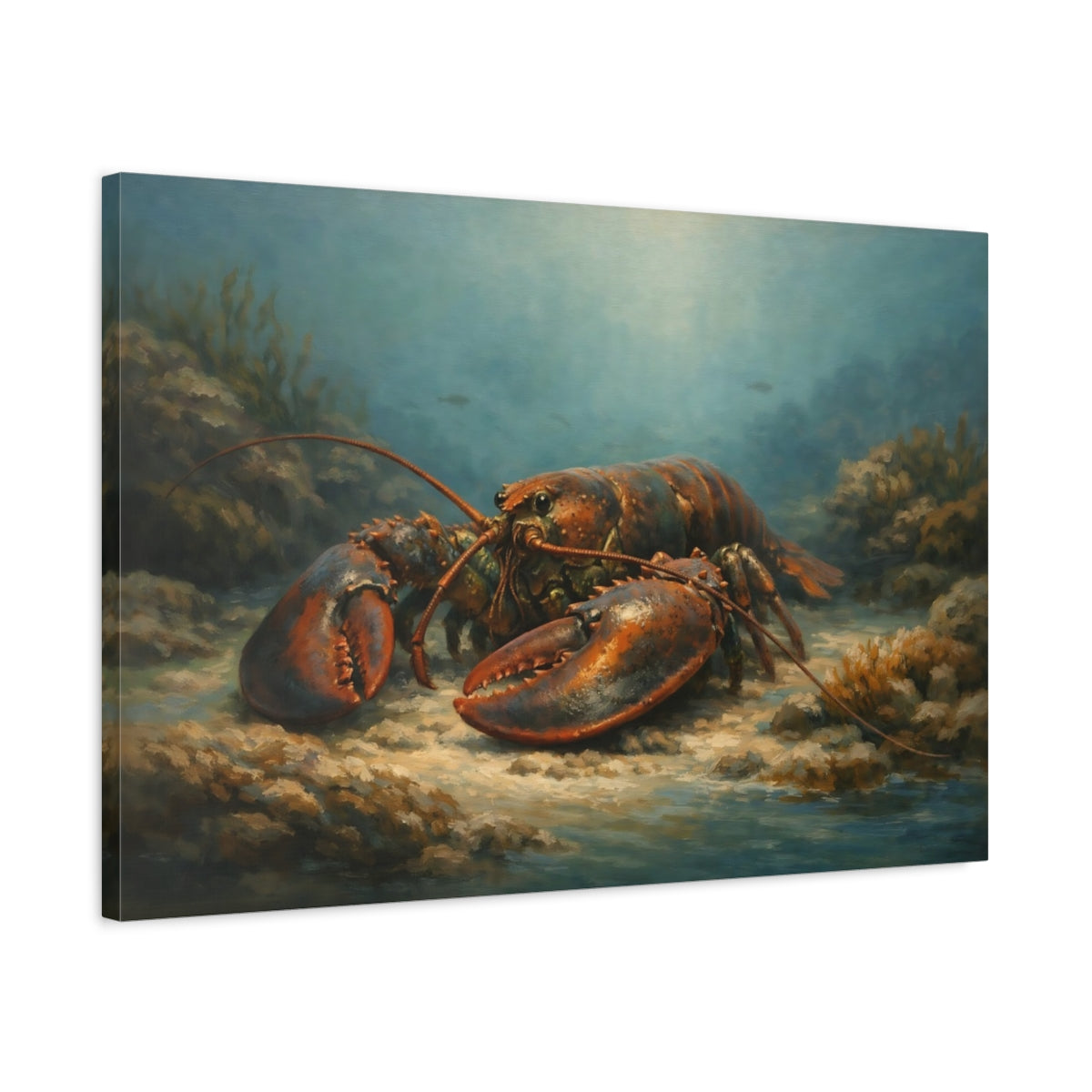 Side Mockup 2. Animals Lobster Blue And Orange shown as stretched canvas wall art