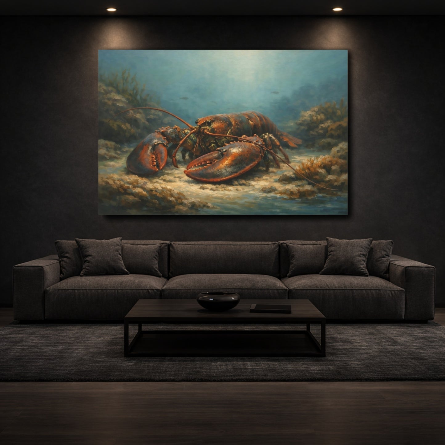 Mockup 2. Animals Lobster Blue And Orange shown as stretched canvas wall art