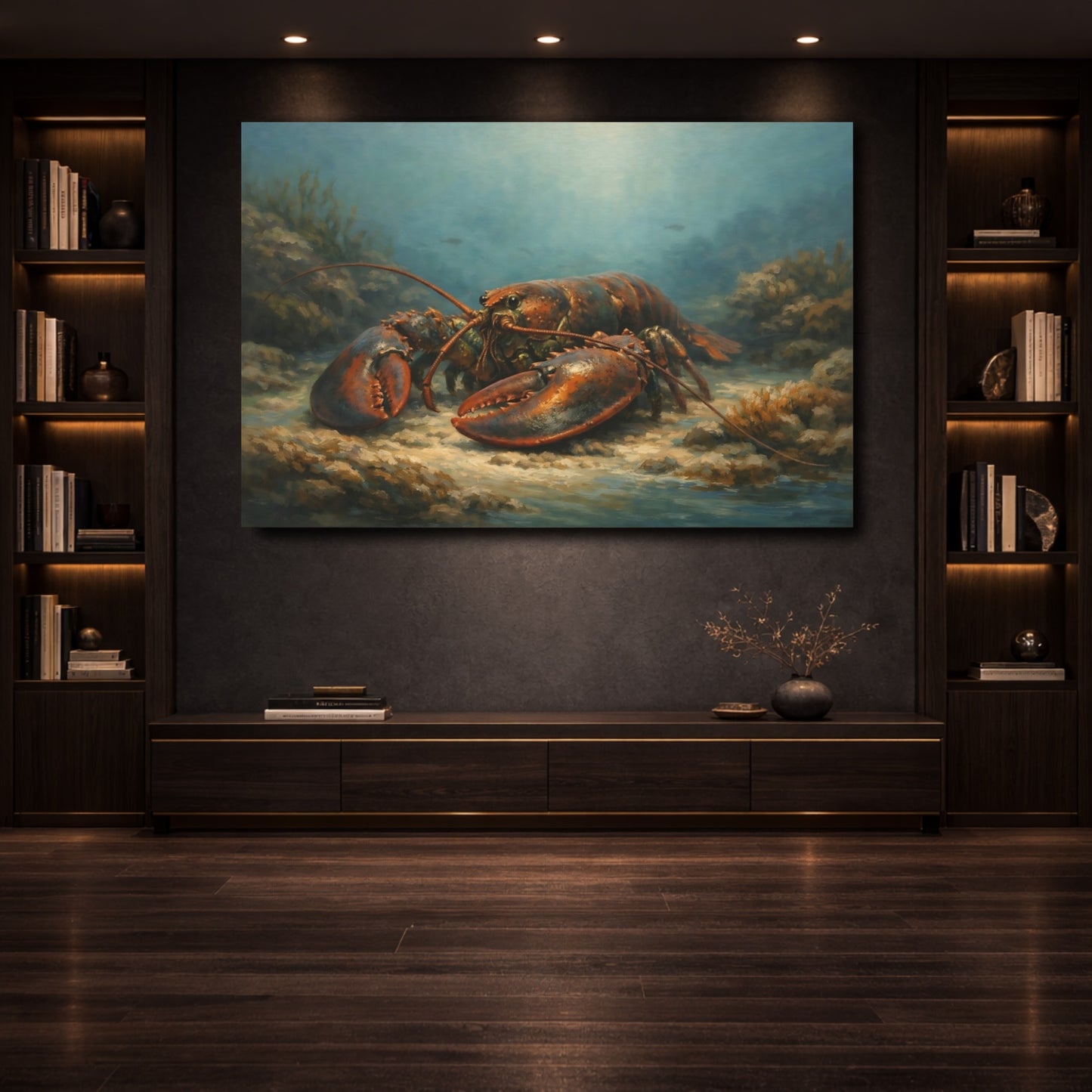 Mockup 3. Animals Lobster Blue And Orange shown as stretched canvas wall art