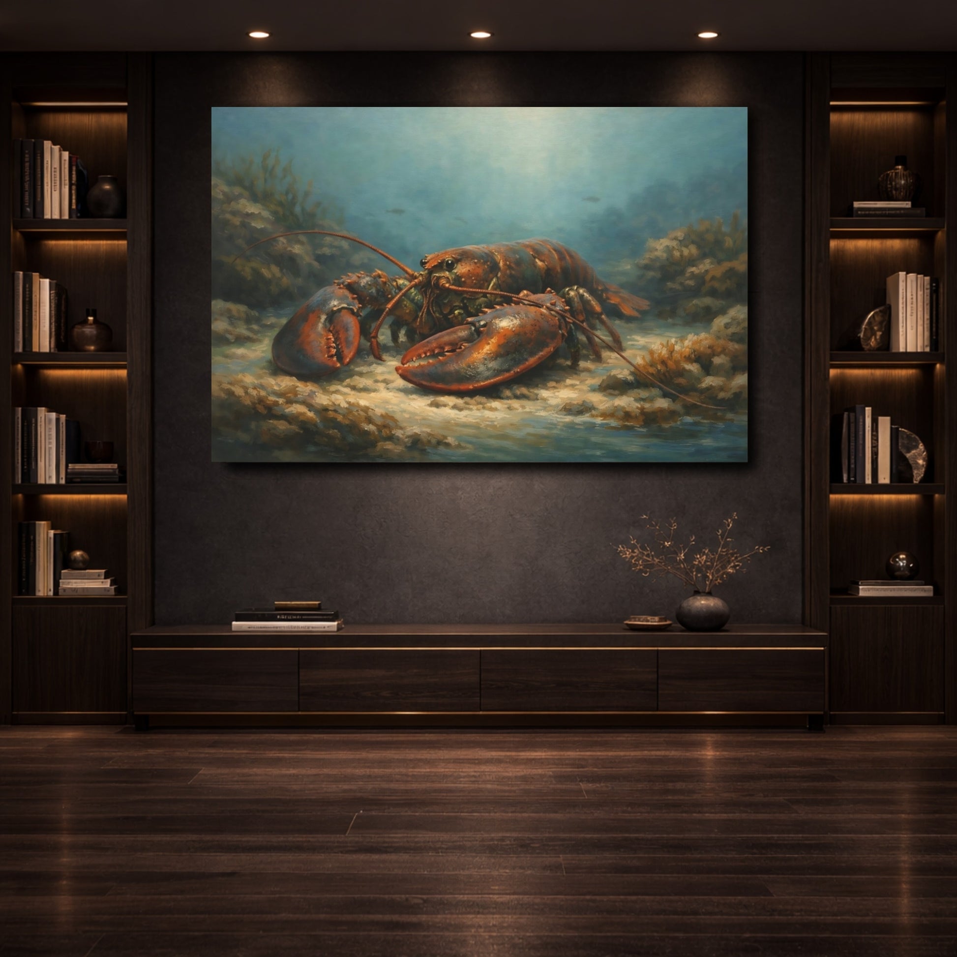 Mockup 3. Animals Lobster Blue And Orange shown as stretched canvas wall art