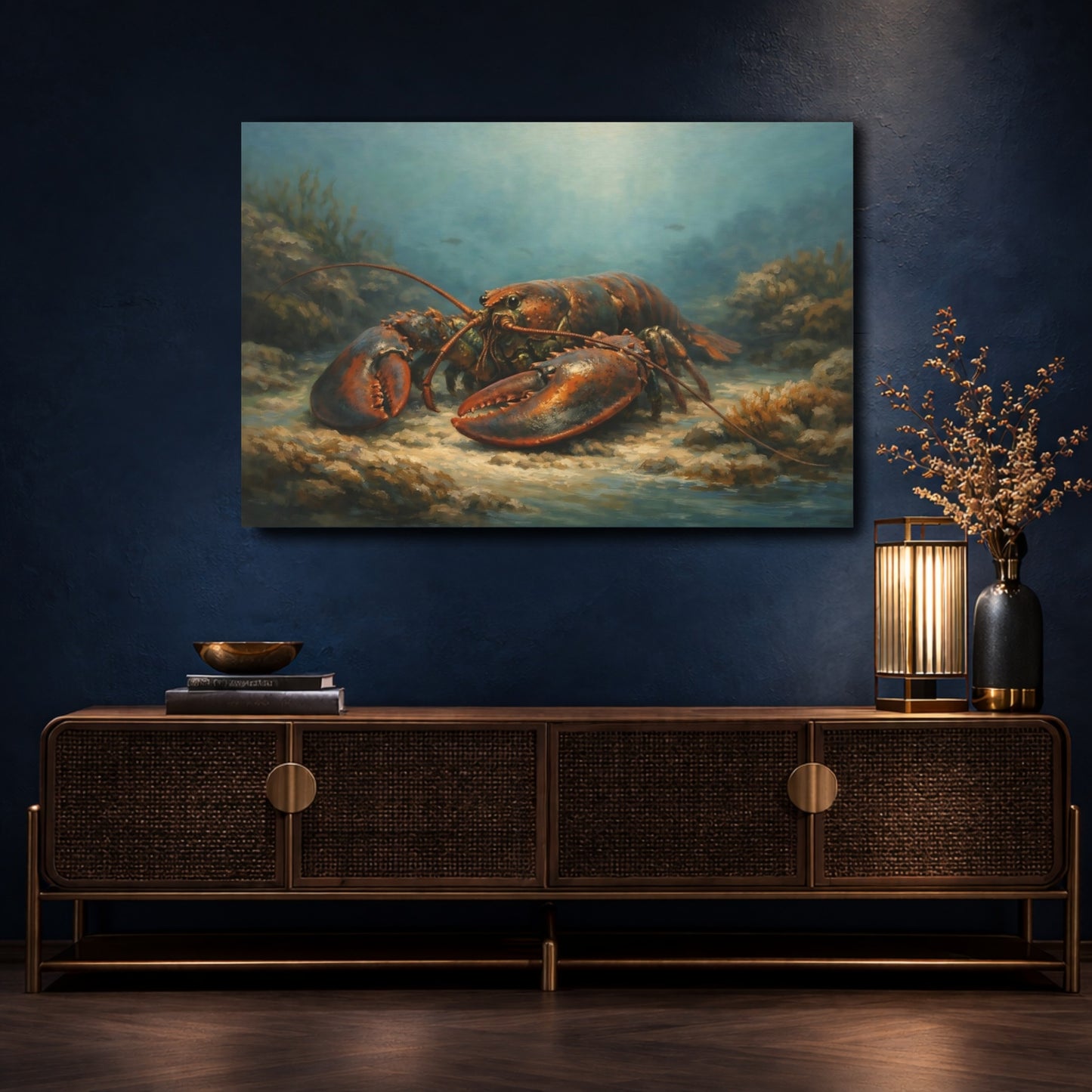 Mockup 4. Animals Lobster Blue And Orange shown as stretched canvas wall art