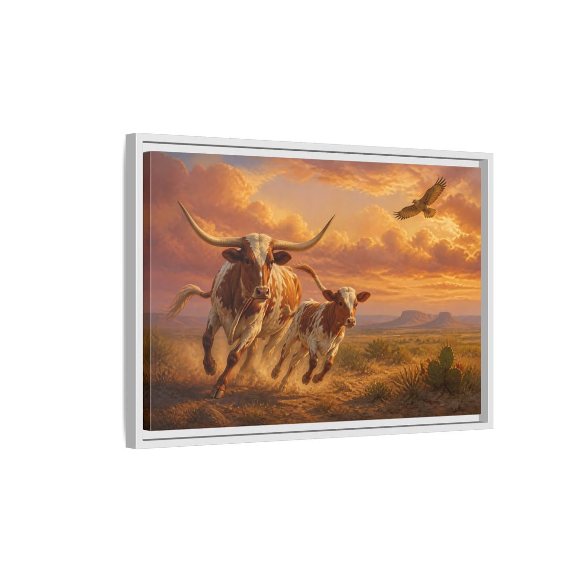 Side Mockup 1. Animals Longhorn Cattle Brown And Orange Landscape shown as stretched canvas wall art