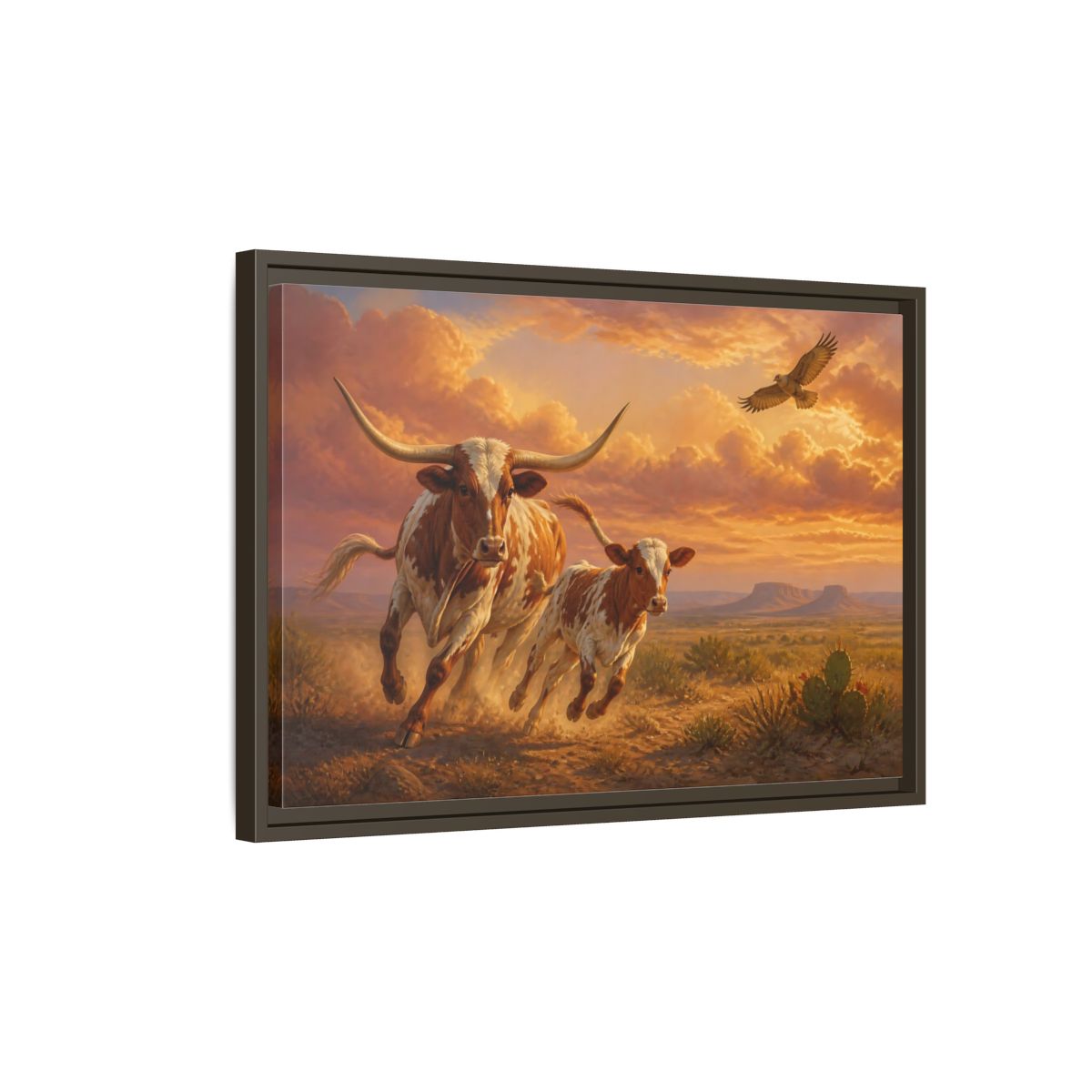 Side Mockup 2. Animals Longhorn Cattle Brown And Orange Landscape shown as stretched canvas wall art