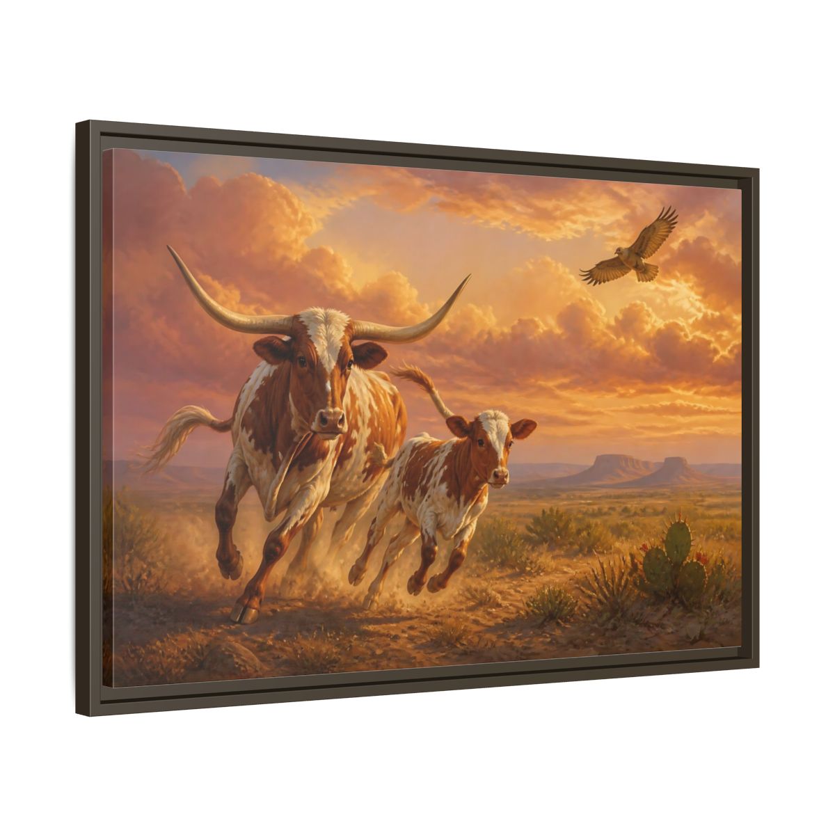 Side Mockup 11. Animals Longhorn Cattle Brown And Orange Landscape shown as stretched canvas wall art