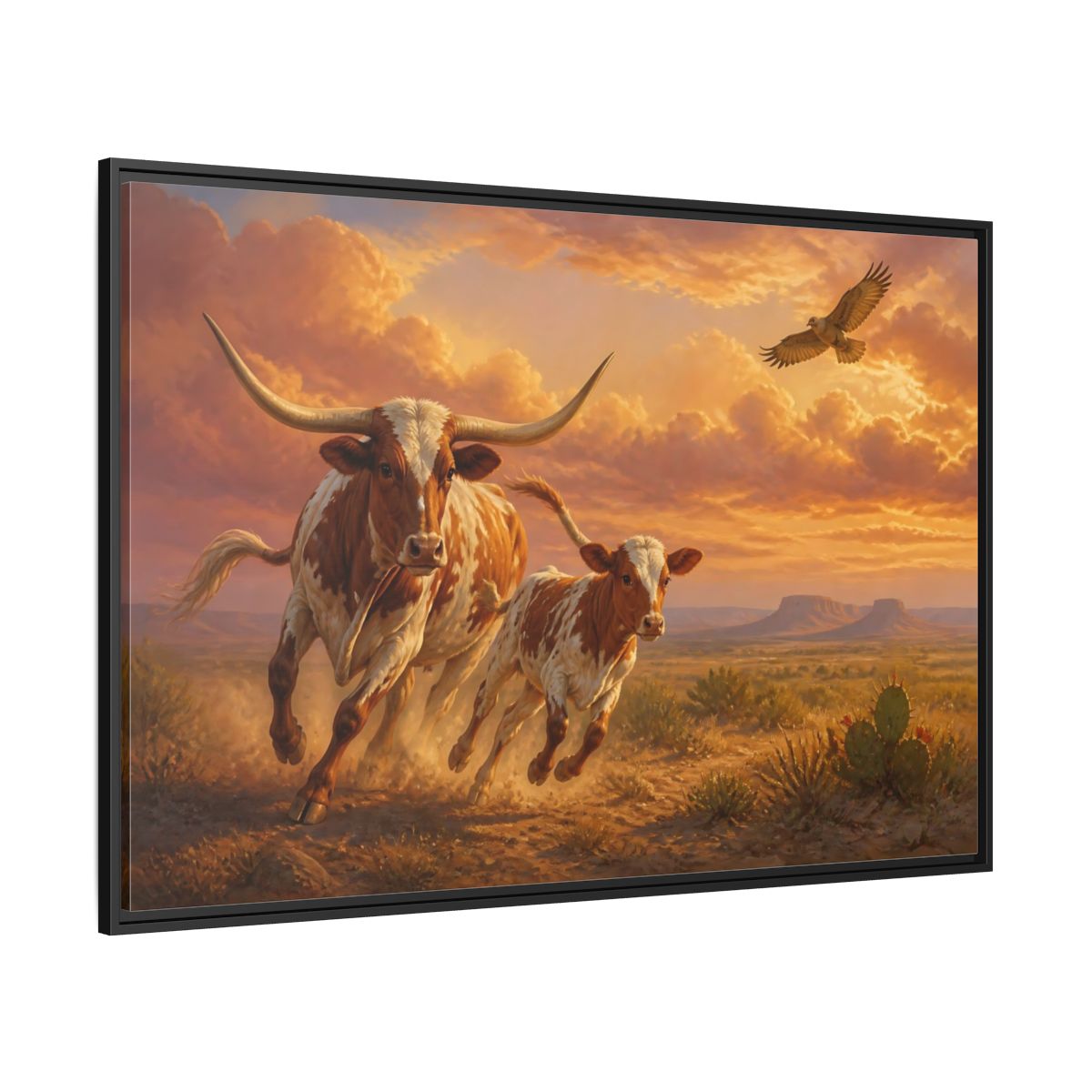 Side Mockup 12. Animals Longhorn Cattle Brown And Orange Landscape shown as stretched canvas wall art