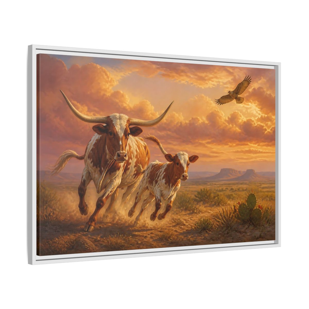 Side Mockup 9. Animals Longhorn Cattle Brown And Orange Landscape shown as stretched canvas wall art