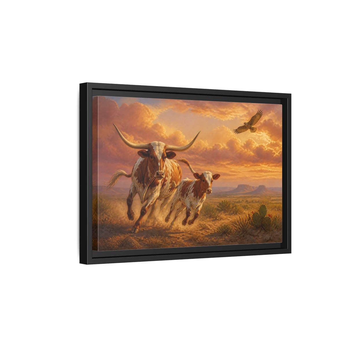 Side Mockup 6. Animals Longhorn Cattle Brown And Orange Landscape shown as stretched canvas wall art